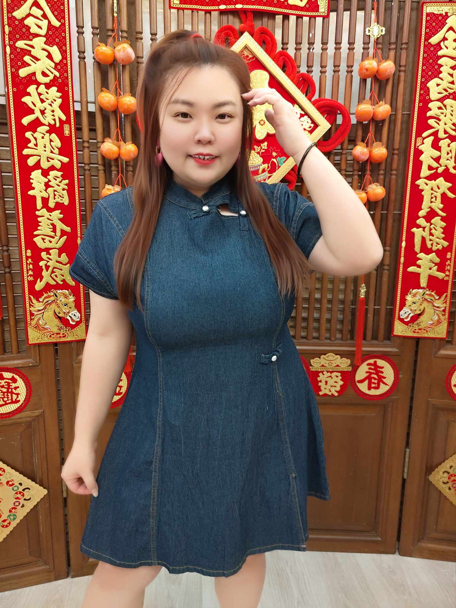 NJD04 TW#6069 新版珍珠盘扣旗袍款牛仔连衣裙