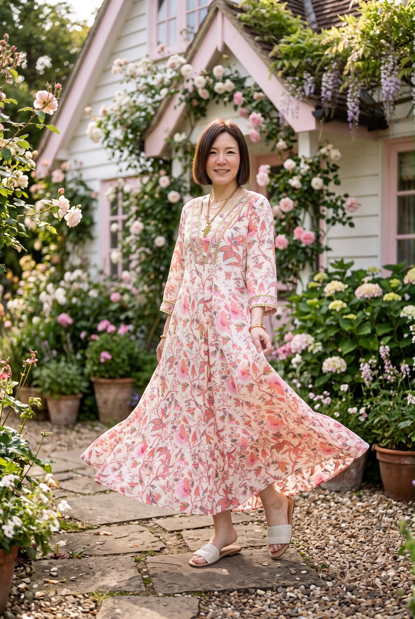 2924 Beige with Pink Floral Print with Beads Collar OP