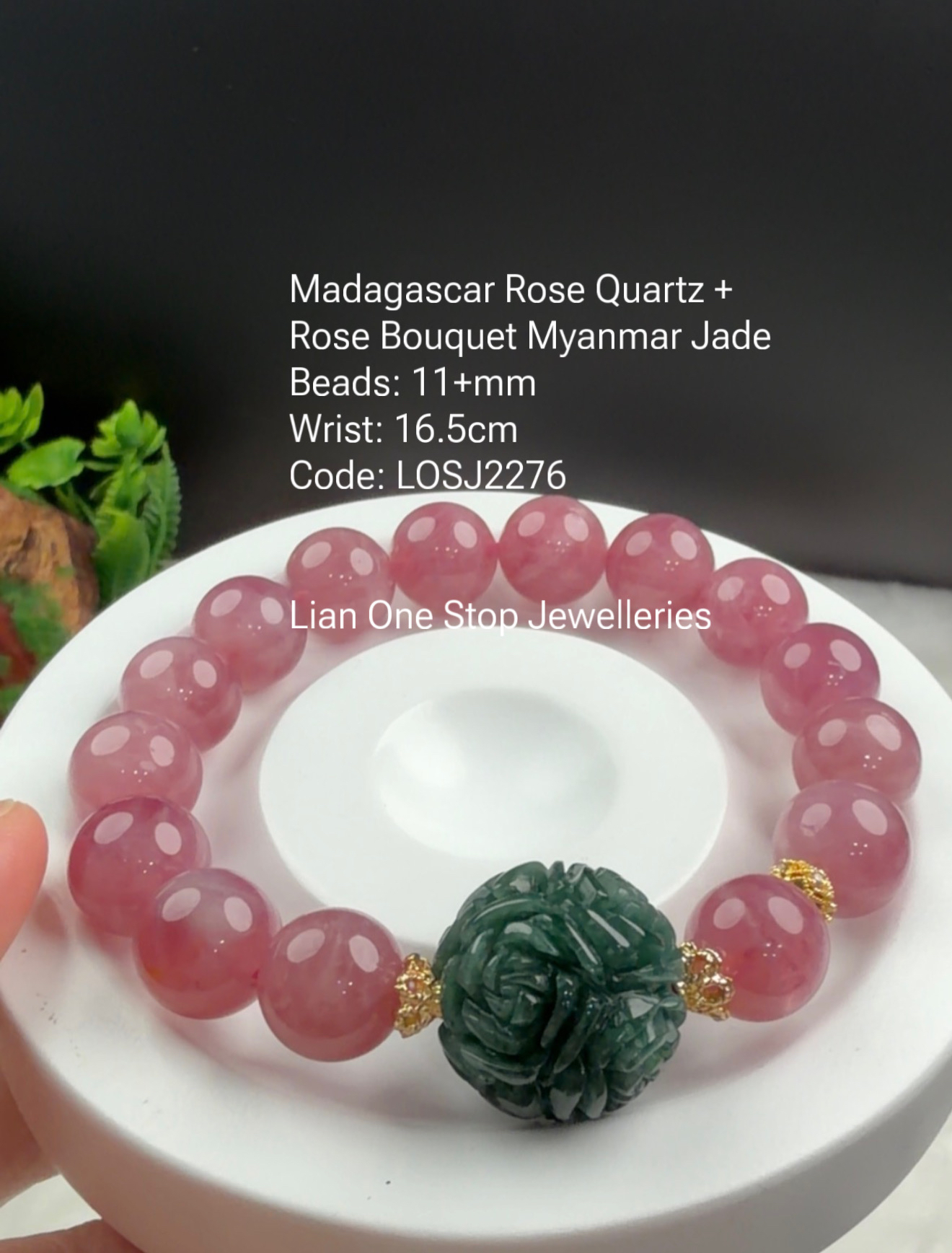 Code: LOSJ2276 Madagascar Rose Quartz + Rose Bouquet Myanmar Jade