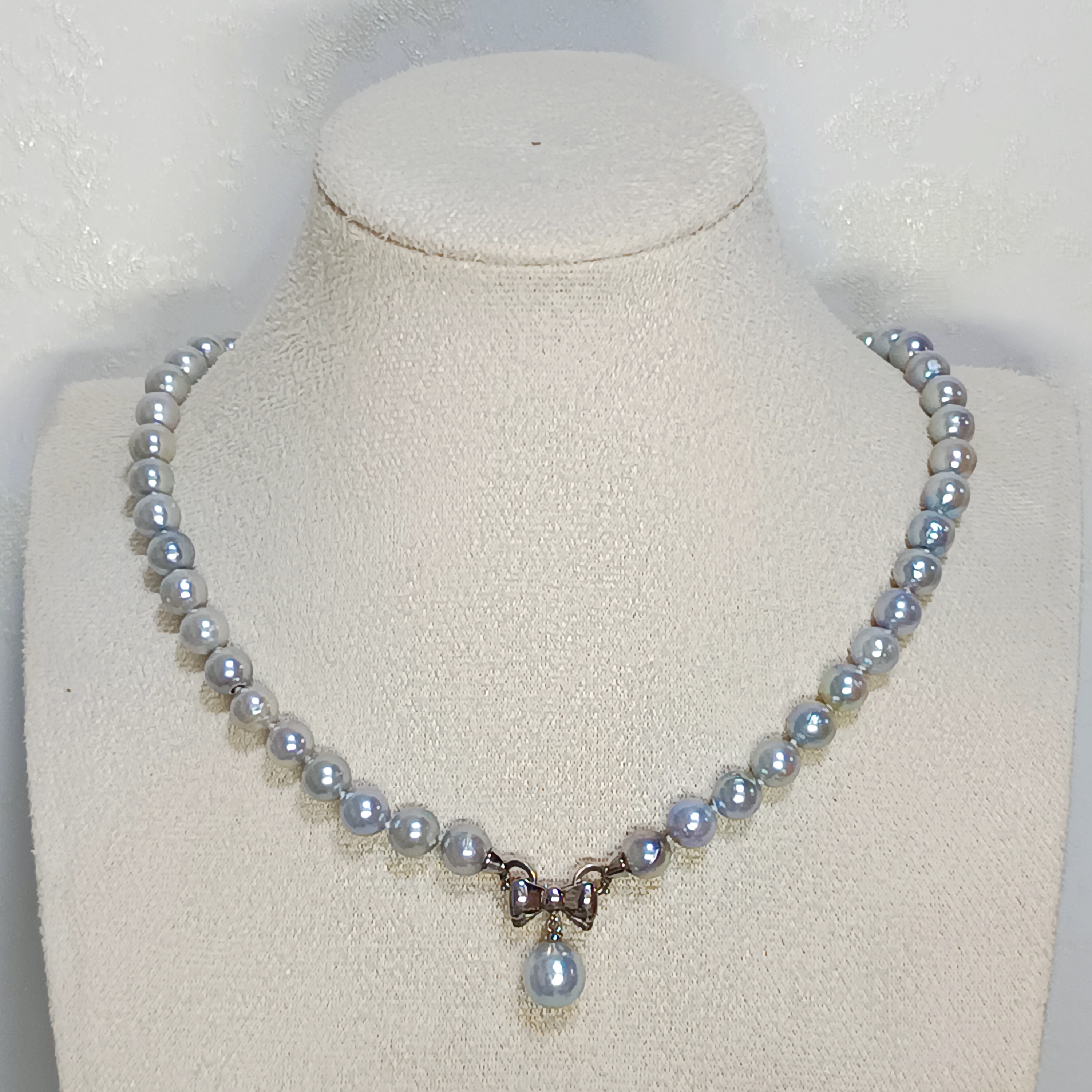 近正圓強光日本真多麻海水珍珠s925銀可拆卸蝴蝶結扣項鍊