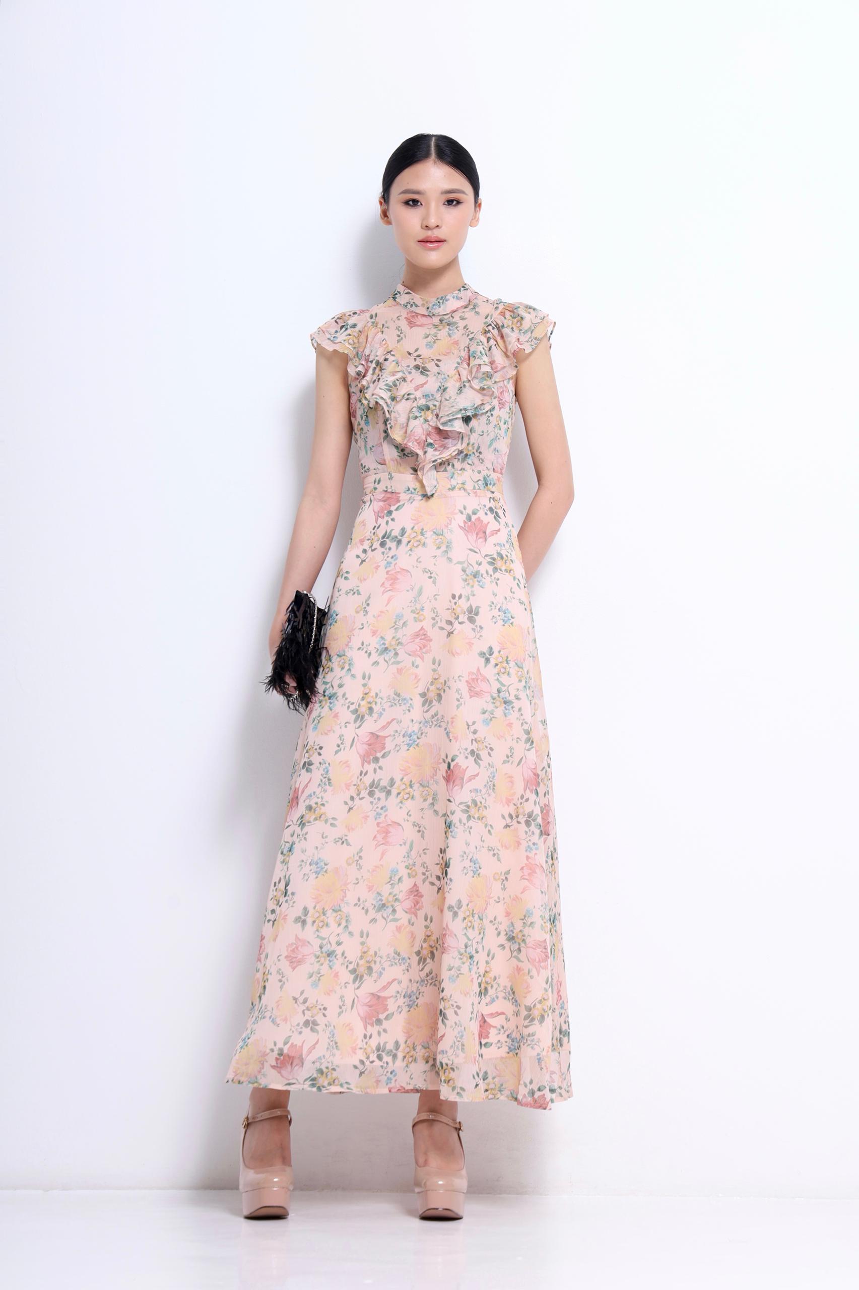 CD2148 RUFFLE STAND COLLAR MAXI DRESS