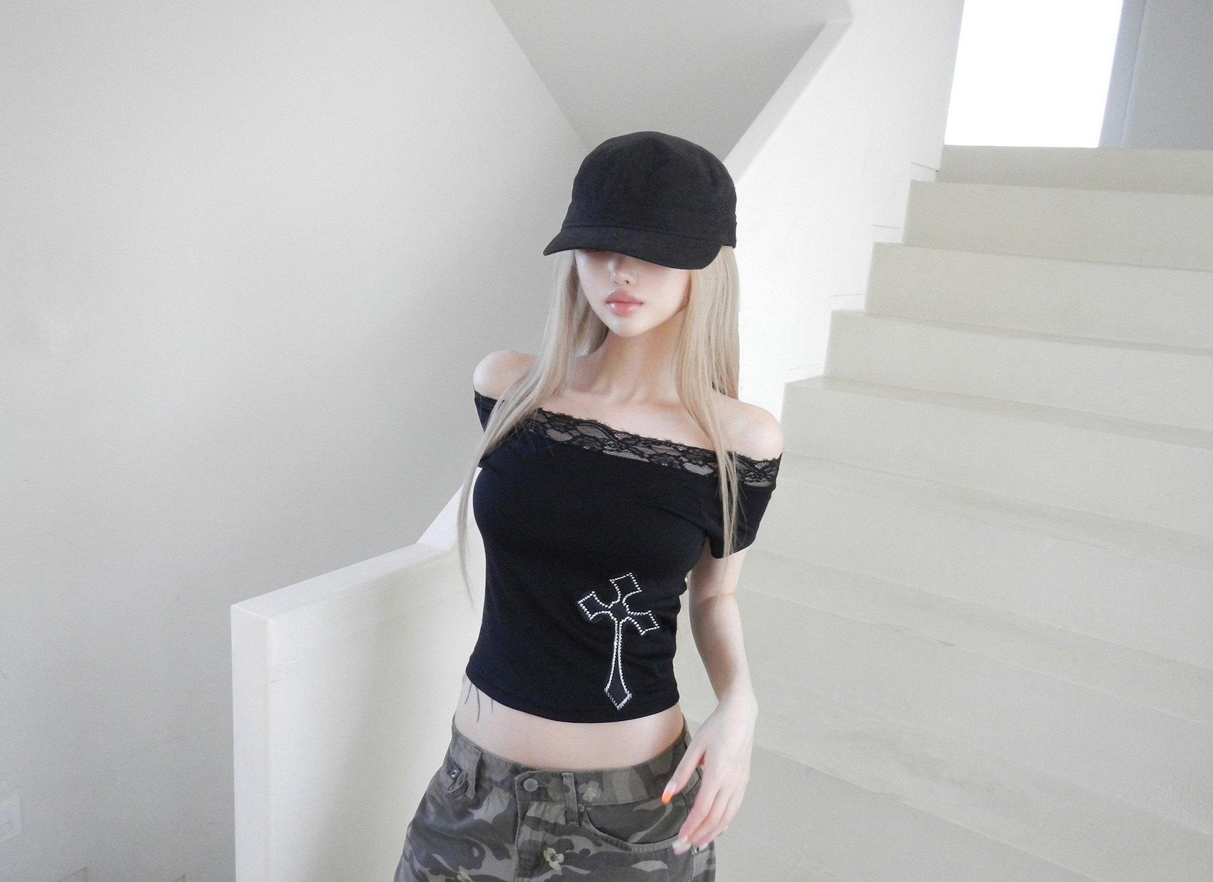 Rhinestone Cross Lace Trim Crop Top