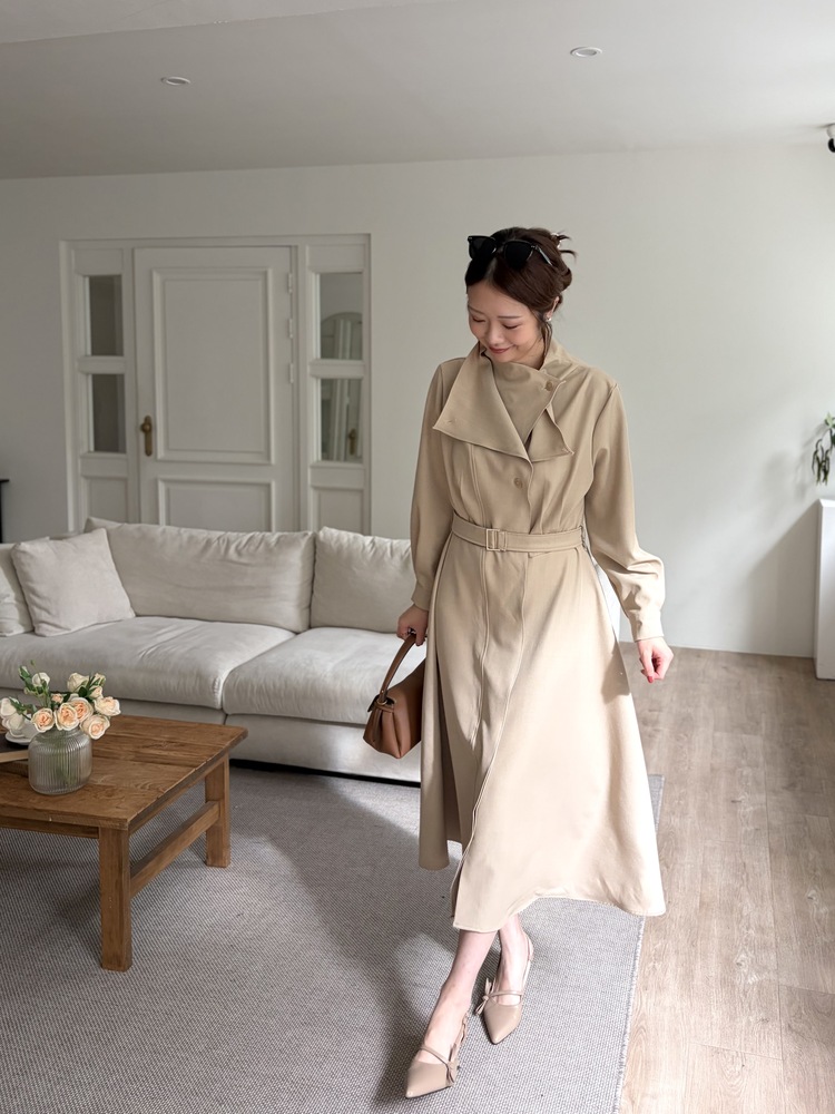 Classic Flared Trench Dress (Warm Beige)