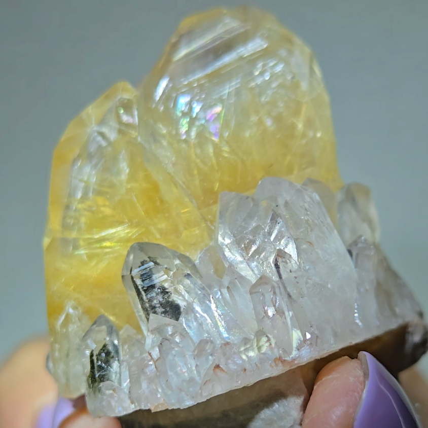 Golden rutilated quartz with chlorite points, rainbows - RT110