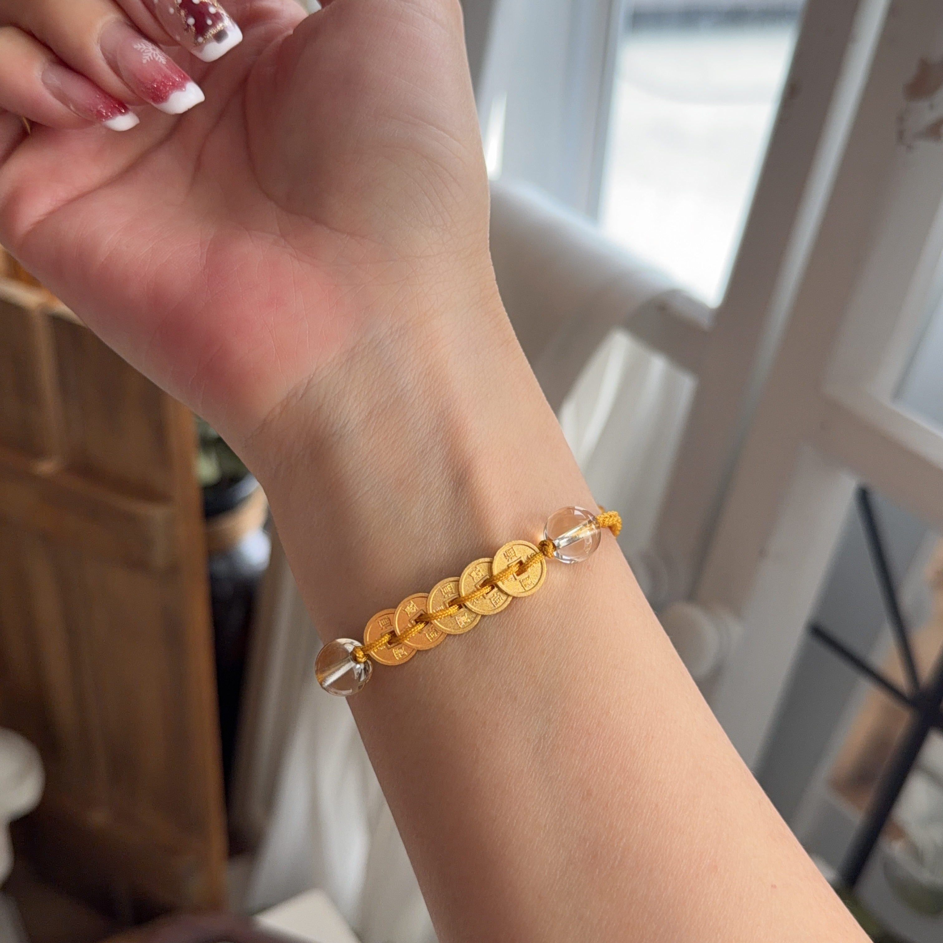 999足金五帝幣+8mm白水晶襯手绳（實心版）