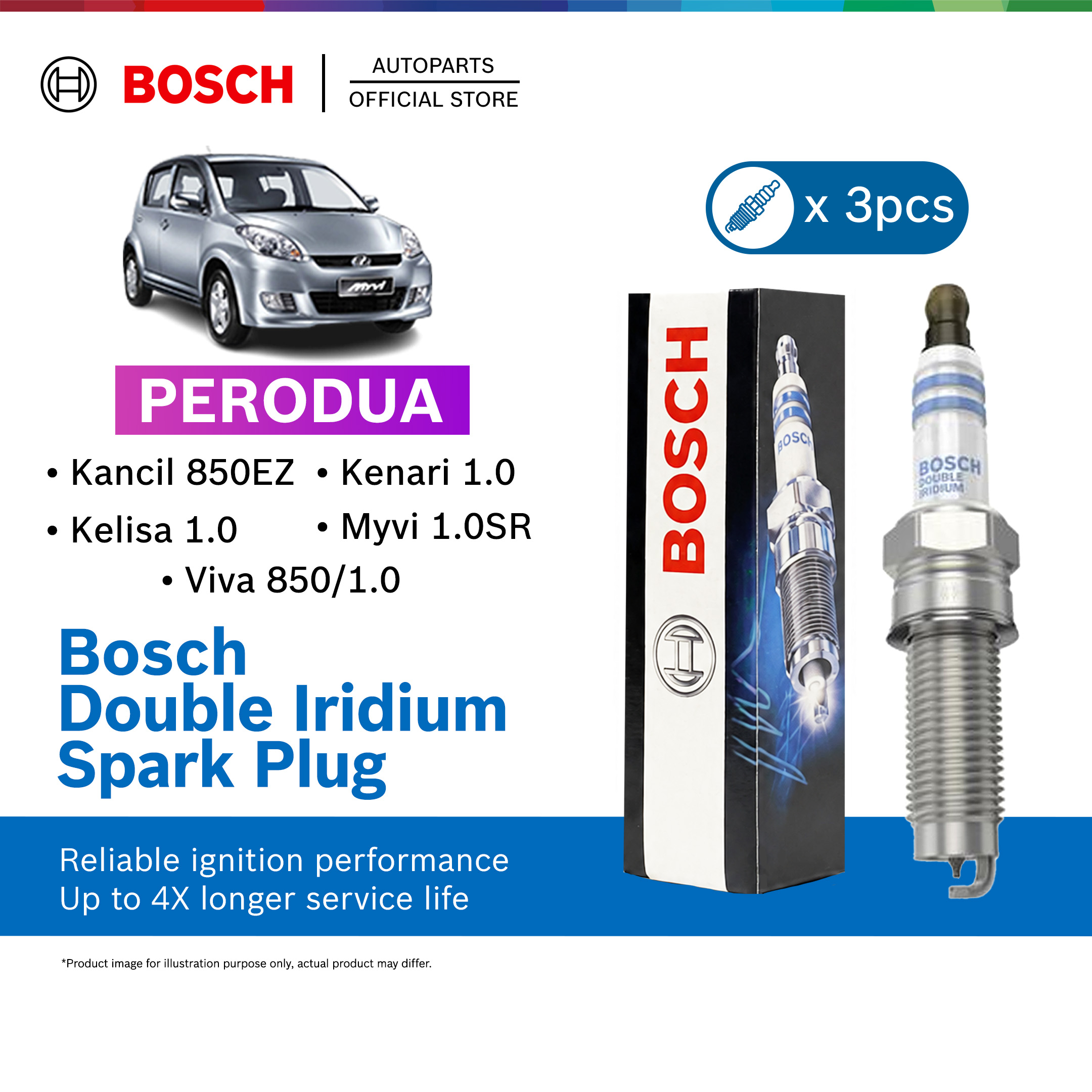 Bosch Double Iridium Spark Plug 3pcs BKR5E-11 PERODUA 1.0 Myvi SR Kenari Kelisa Kancil 850EZ Viva850