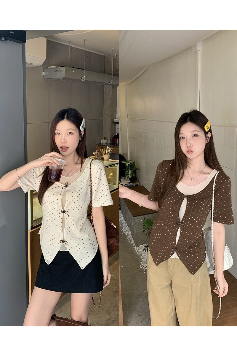 B39(80770) 韩系假两件里薄纱外波点前部镂空立体蝴蝶结咖杏上衣 
