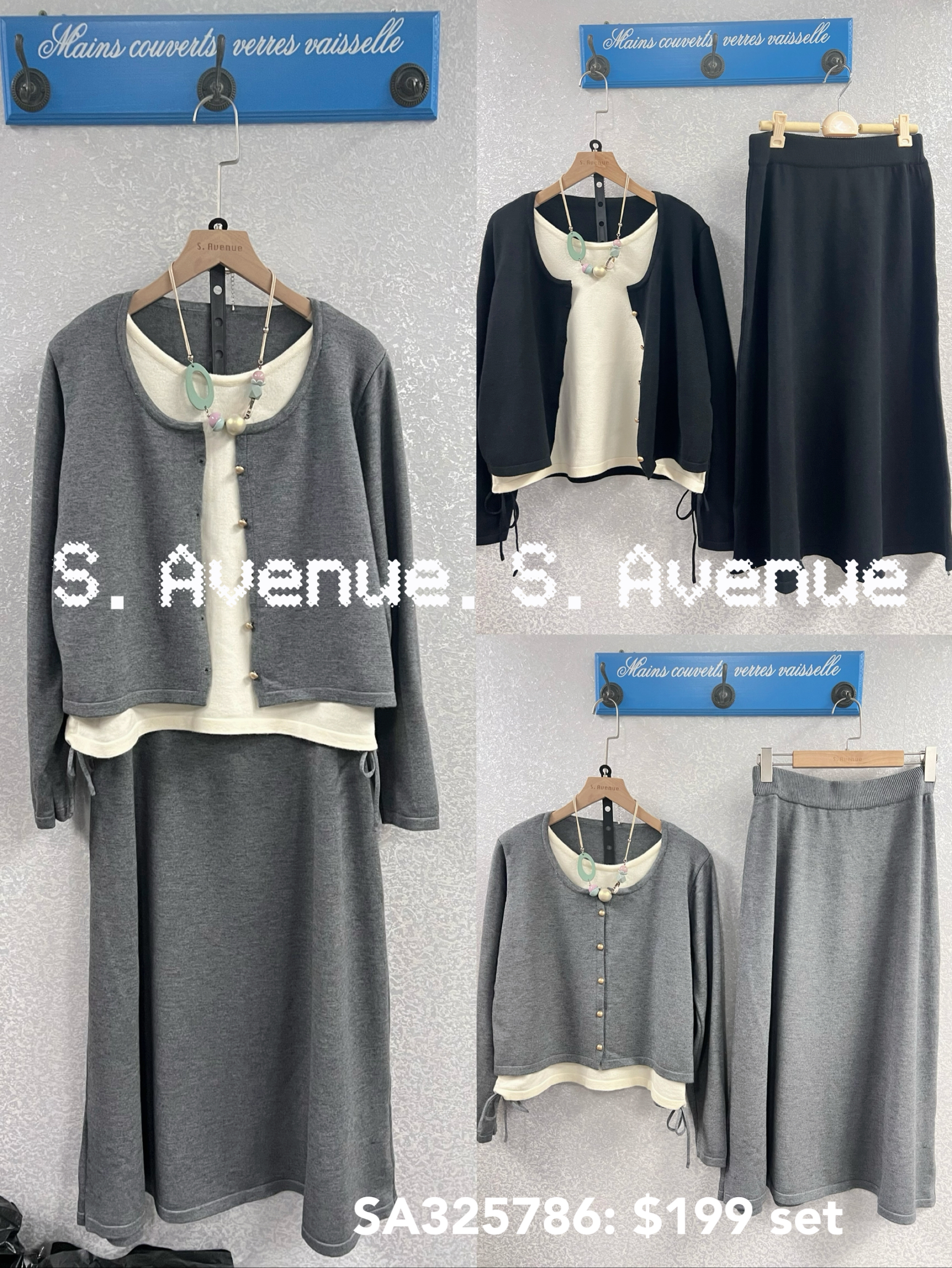 SA325786: 長袖假兩件有鈕針織top配半截A宇長裙