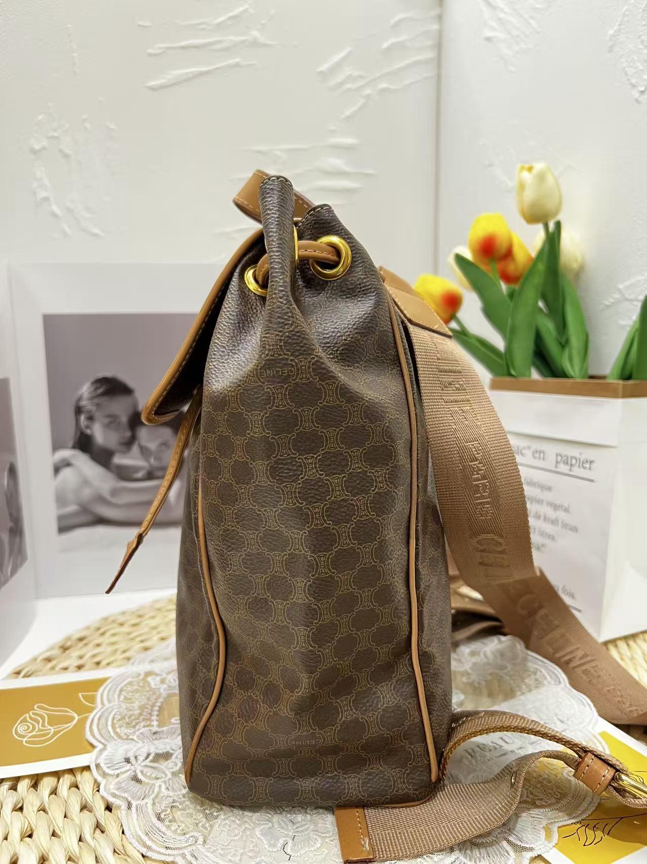 Celine Vintage Macadam Canvas Drawstring Backpack