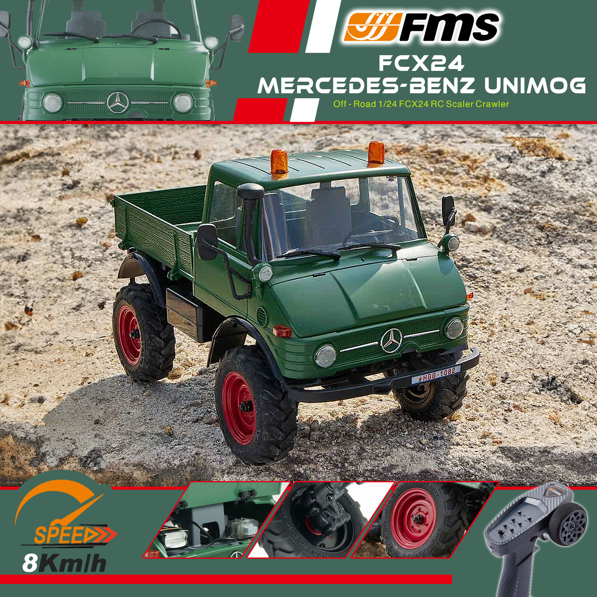 全新🌟 FMS 🌟 1:24 FCX24 Mercedes-Benz Unimog 421, 烏尼莫克攀爬車, 2.4Ghz 遙控, 4輪驅動, 2段機械變速, 迷你慢爬車, 遙控車, 綠色