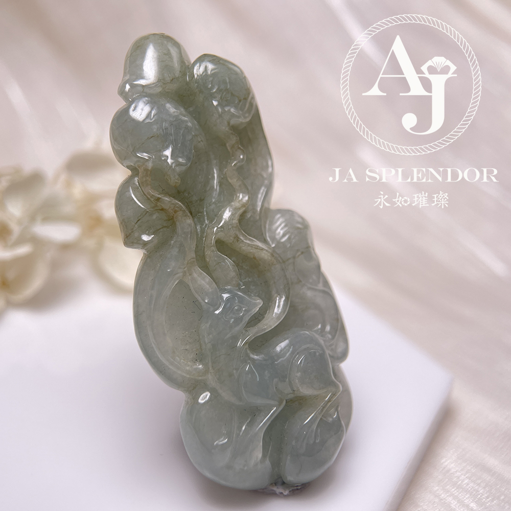 JN-945 天然翡翠A玉 綠翠福壽雙全九尾狐吊墜