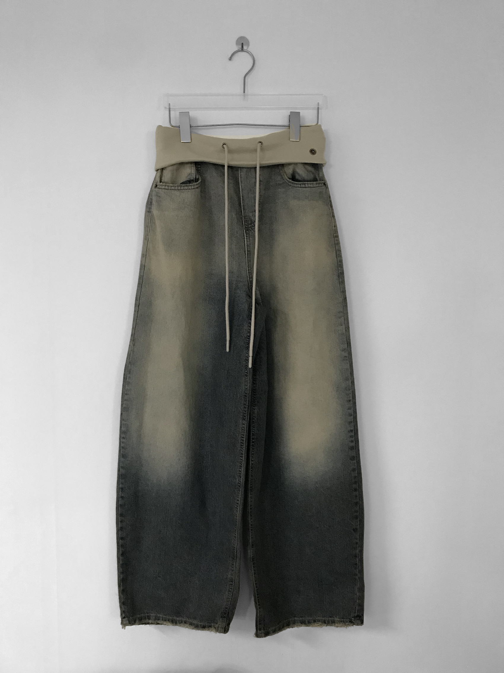 Vintage Washed Foldover-Waist Denim Pants