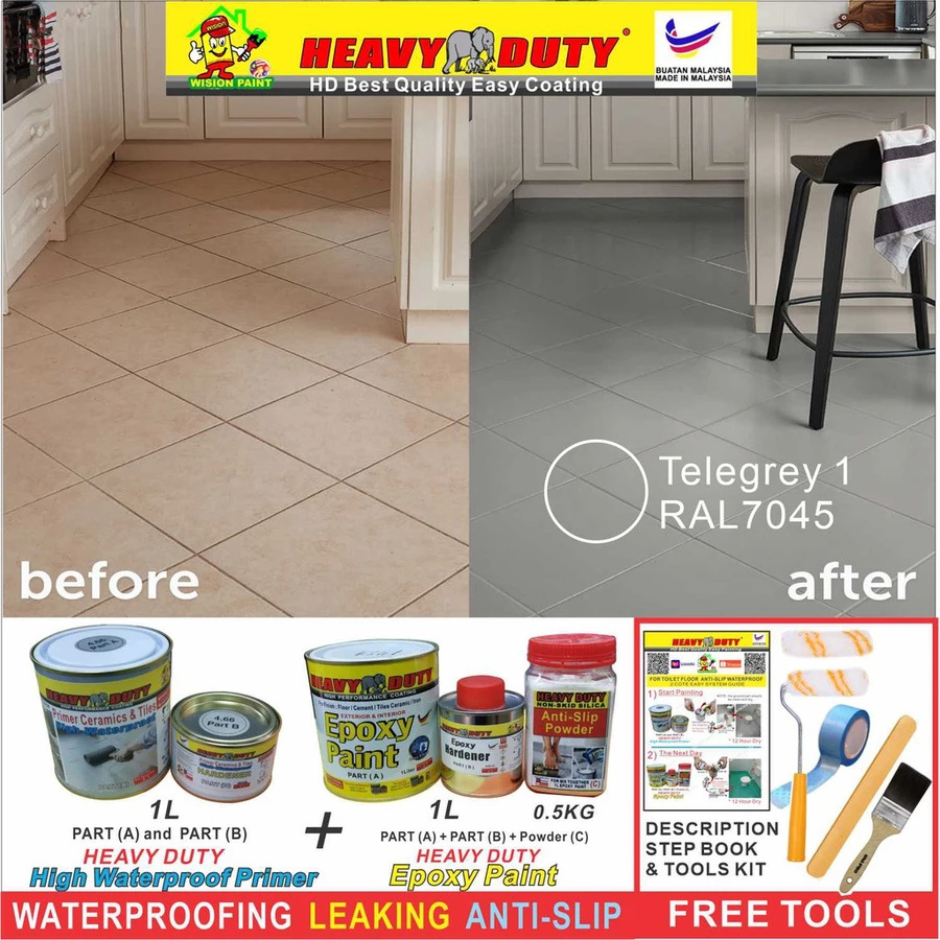 FULL SET (HEAVY DUTY BRAND) Floor Coating (Free Paint Tool Set) 1L Tile Primer + 1L Epoxy Colour + 0.5kg Non-skid Silic