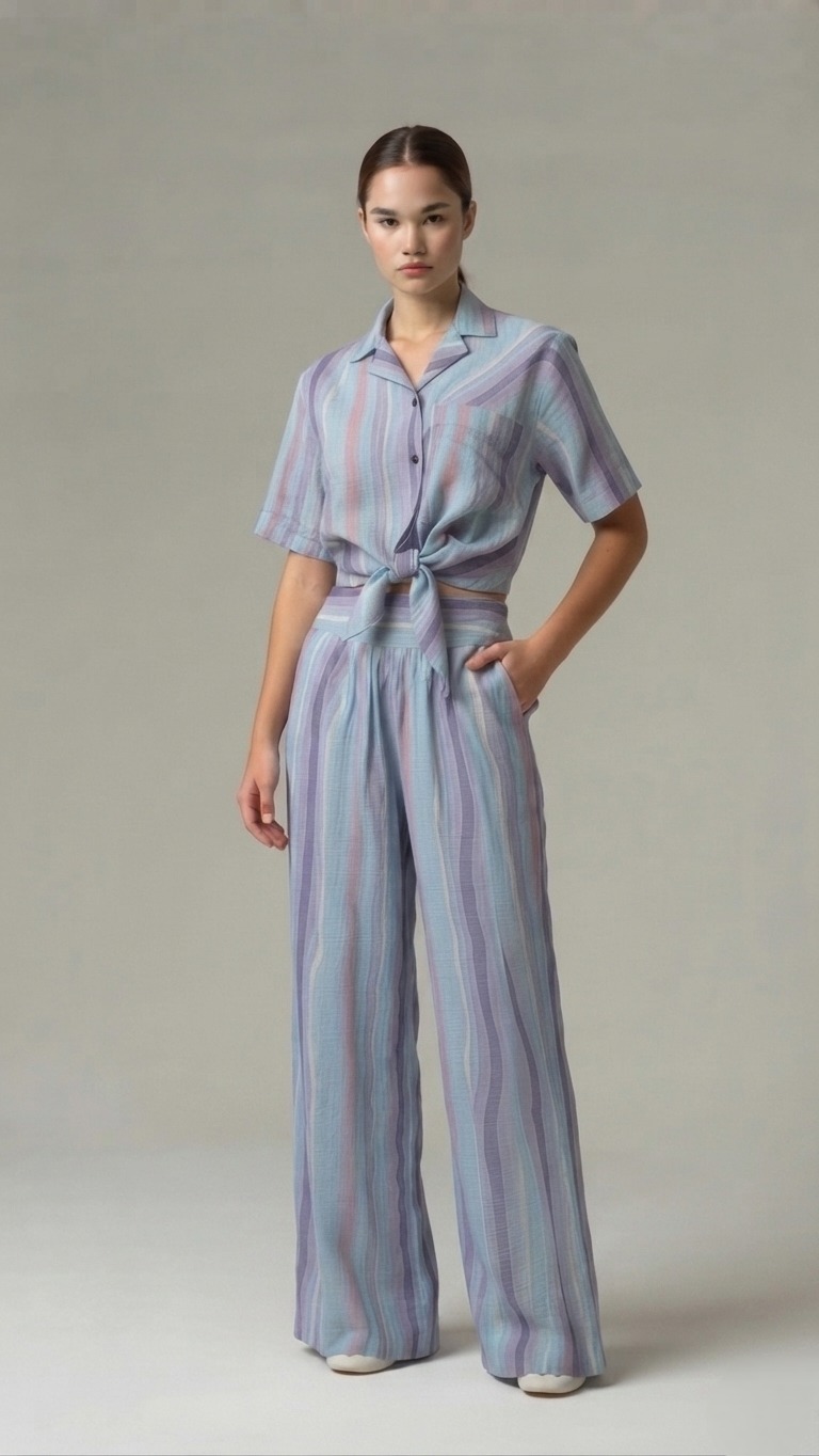 E8273BB Striped Tie-Front Short Sleeve Shirt