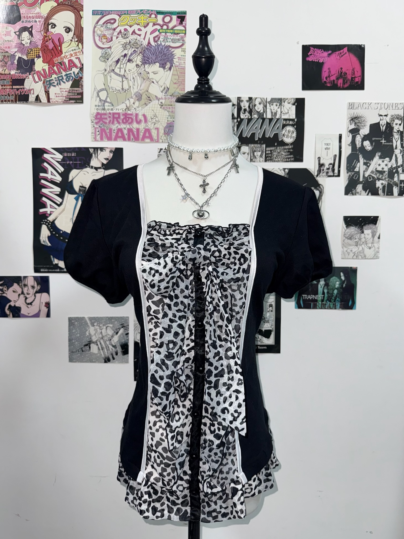 Contrast Piping Square Neck Blouse with Leopard Mesh