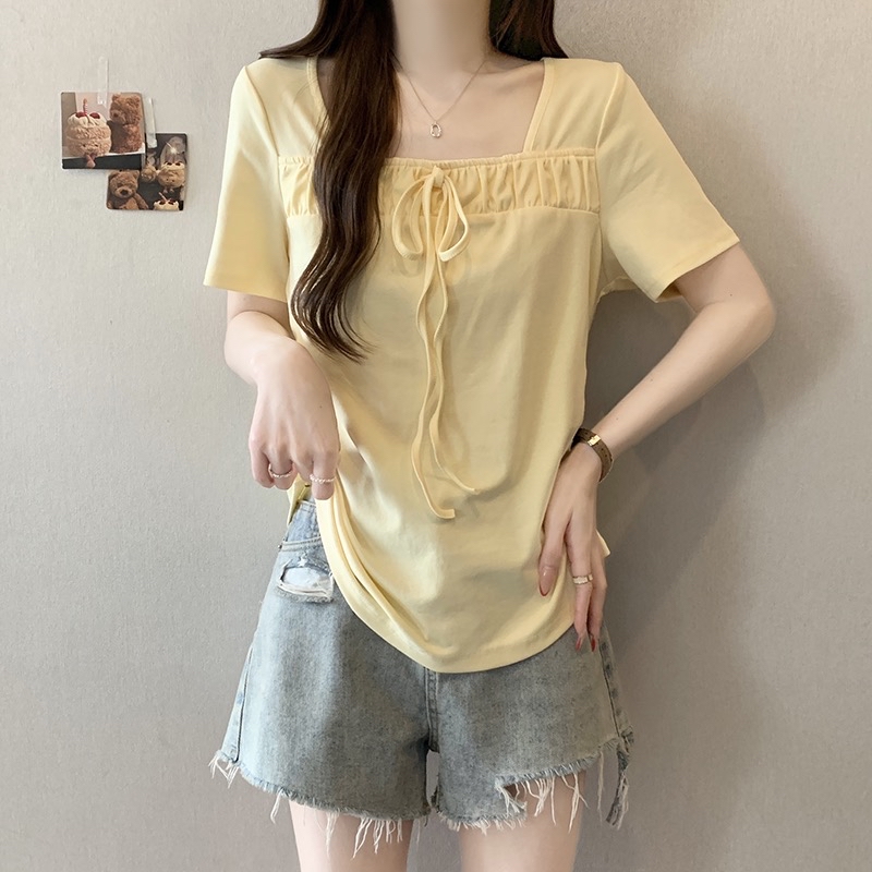 B227(24308) 韩系甜美风方领边褶皱蝴蝶结系带5色上衣