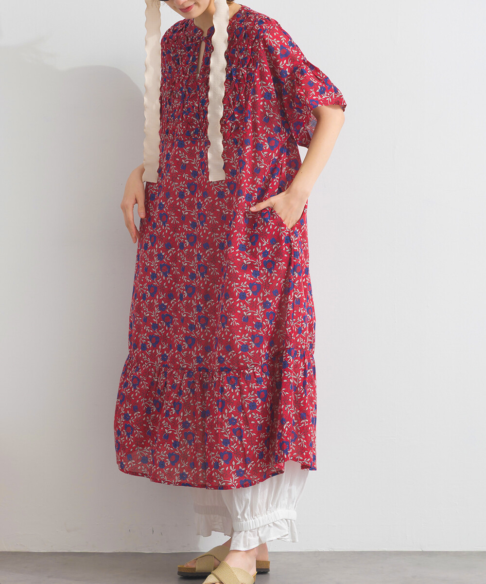 LP - 印度棉復古花卉連身裙 (紅色)