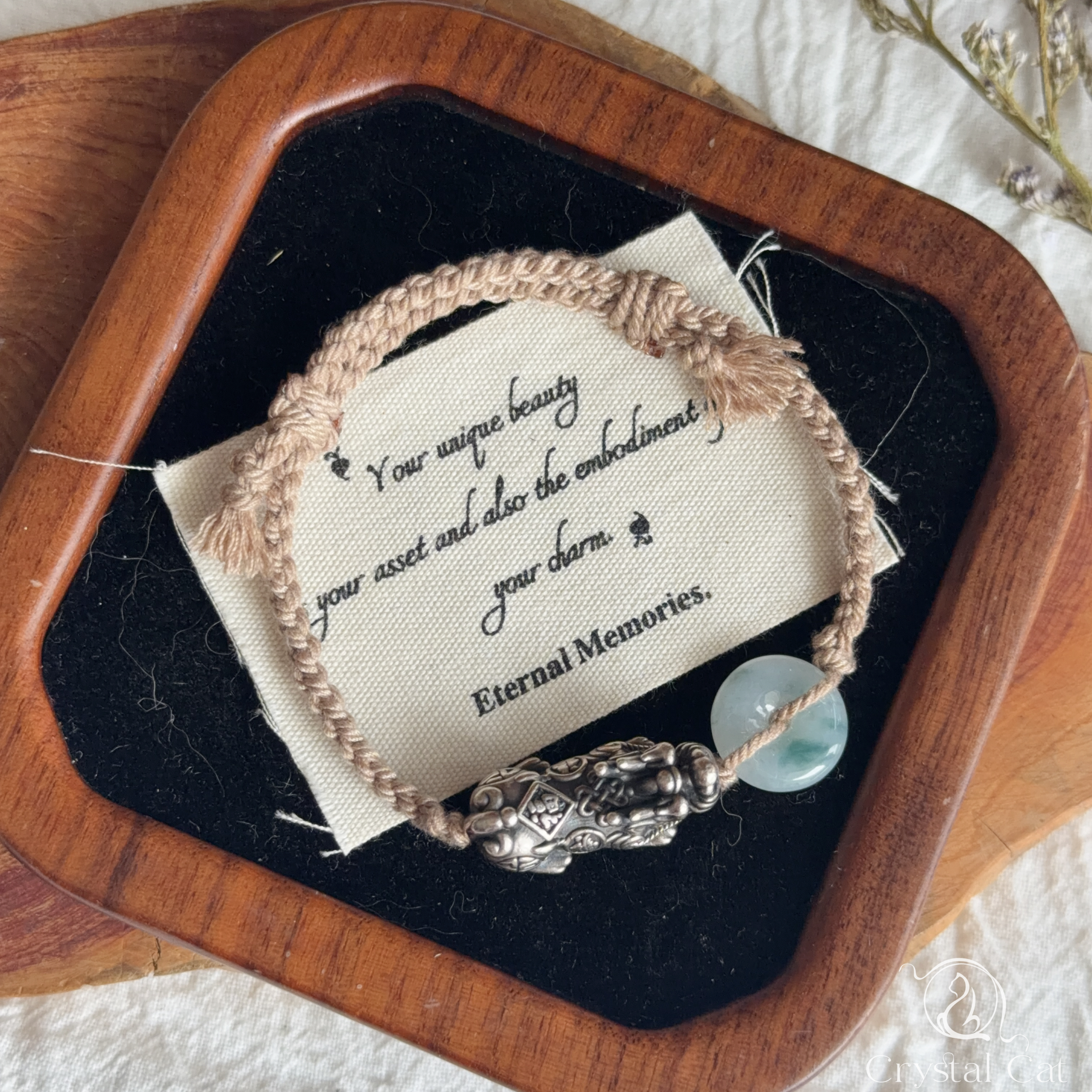 純銀貔貅+天然翡翠平安扣襯手绳