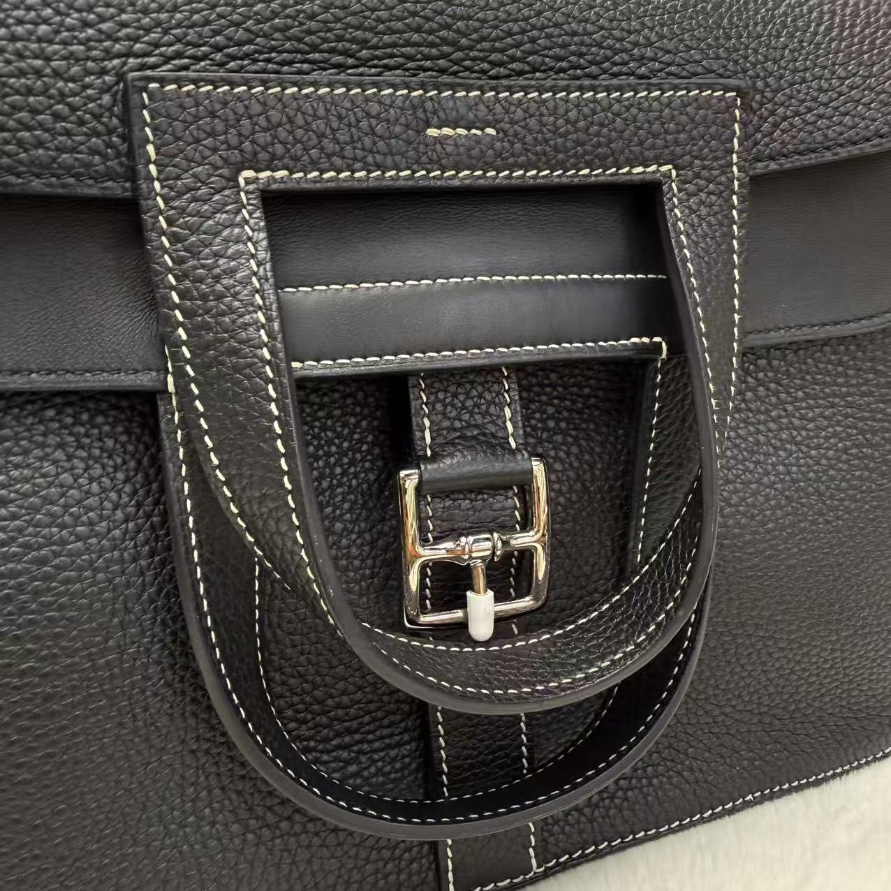 Hermes/愛馬仕 halzan31 哈喇子斜挎包 黑銀 走白線 Togo皮 手提單肩包