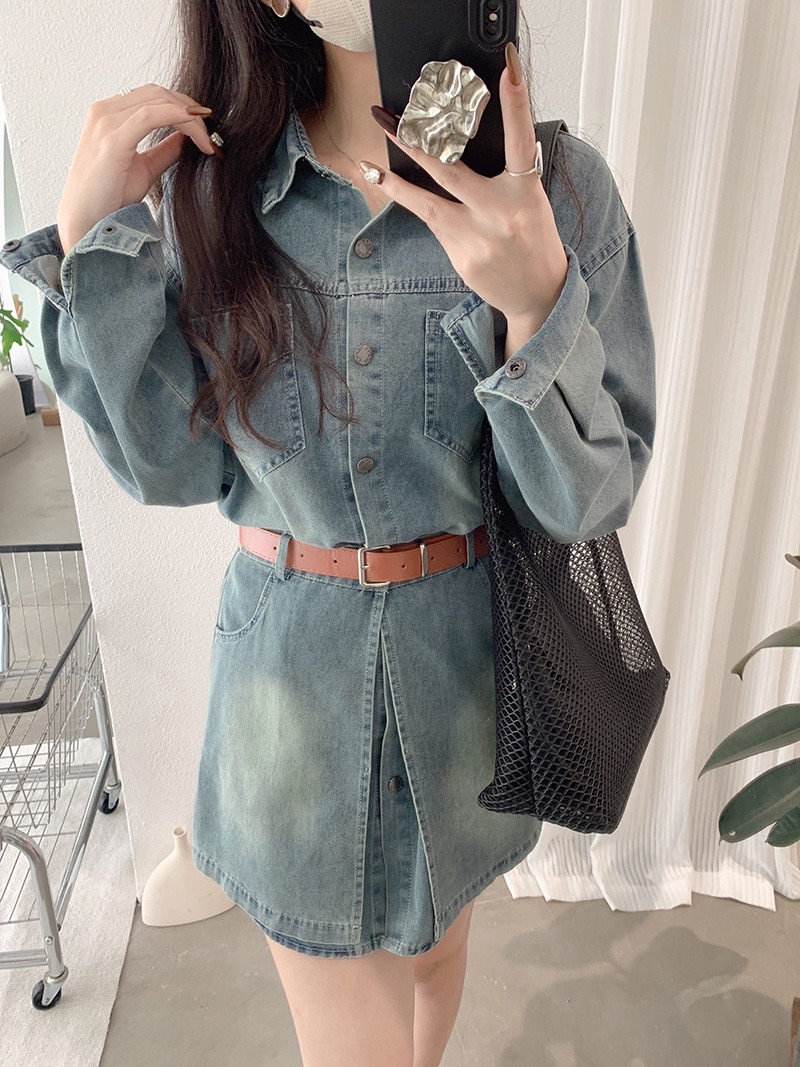 韩版宽松中长款牛仔衬衫+屁帘两件套装