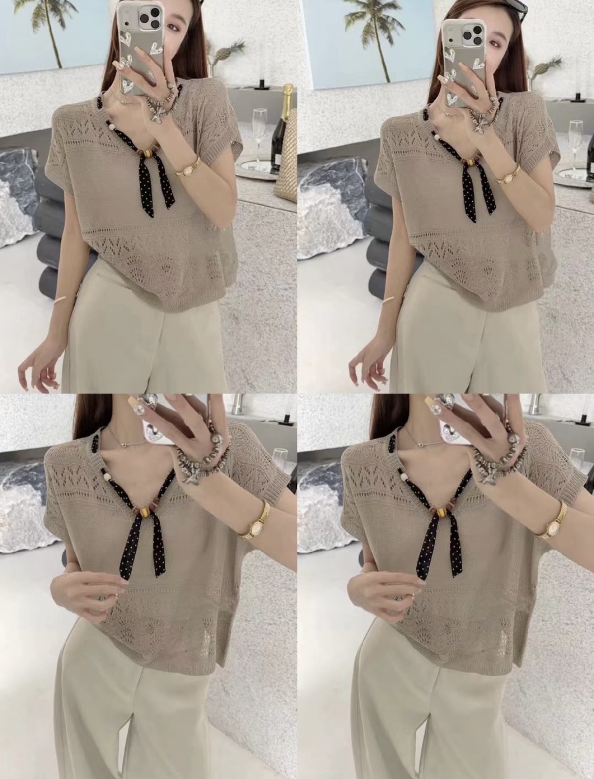 针织V领上衣Knit v-neck top with black ribbon 