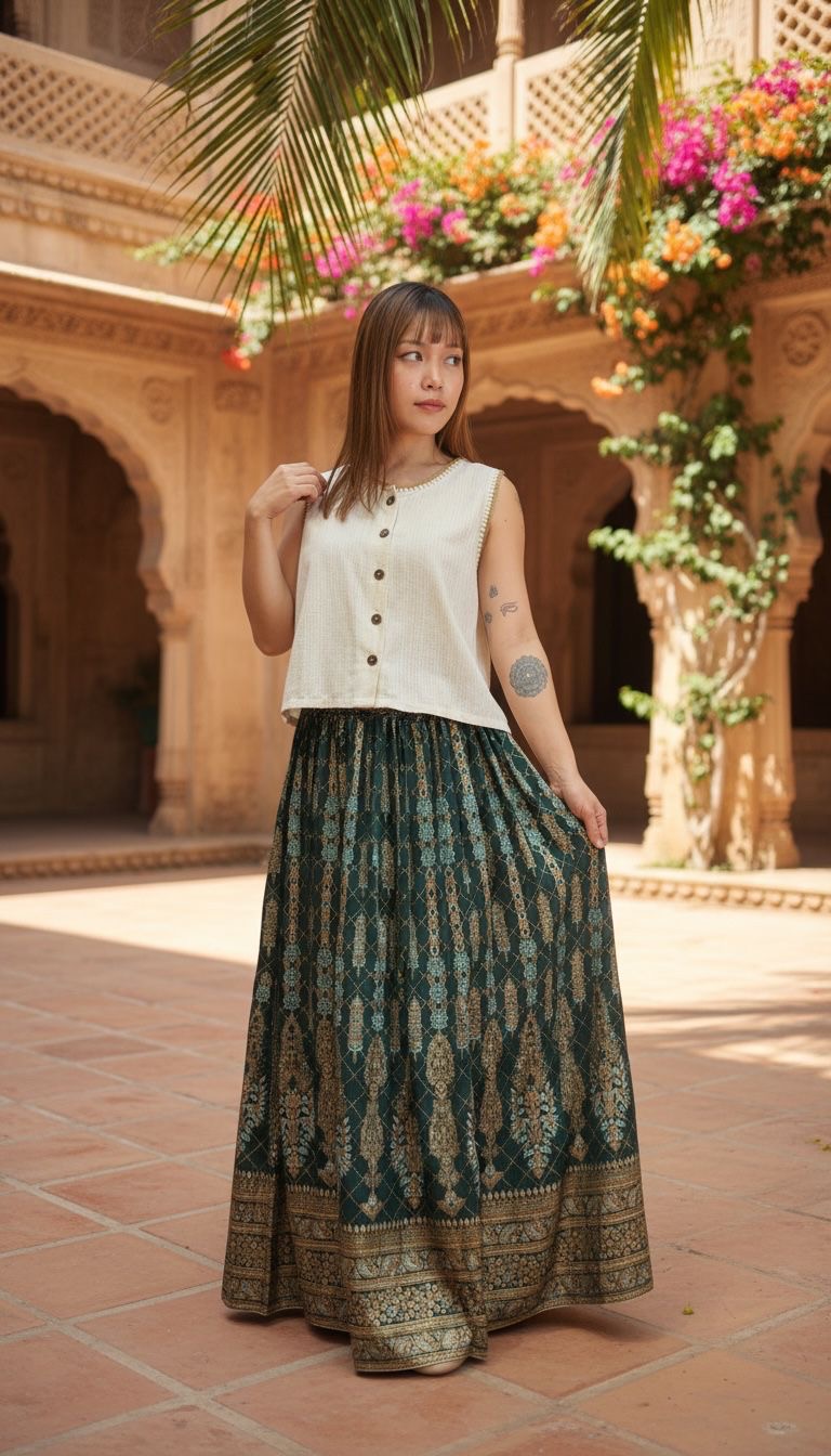 2358 Forest Green Feather Foil Stamping Skirt 39"