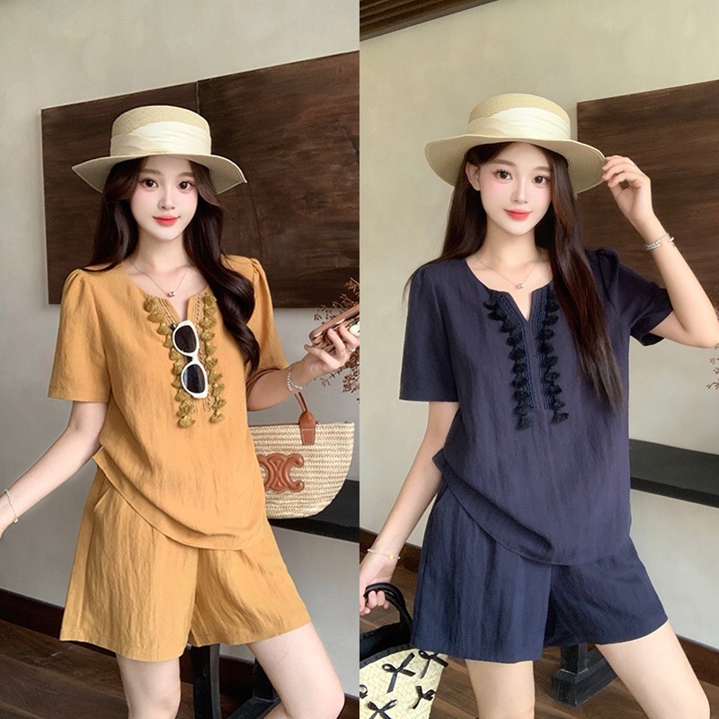 B16(35923) 韩系麻料圆小尖角领短流苏边设计感上衣与短裤蓝黄套装