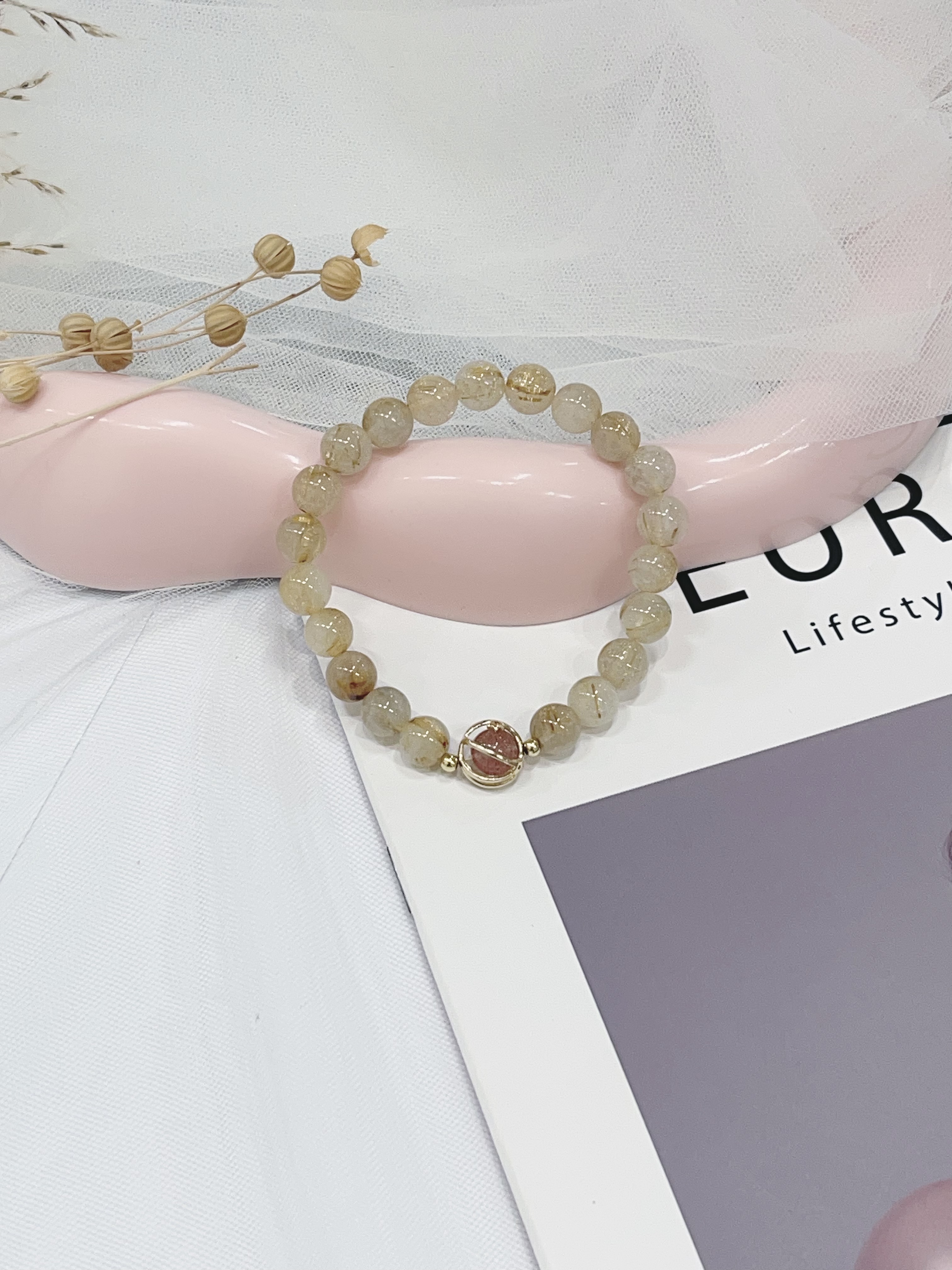 🍓 草莓晶 × 金发晶手串 Strawberry Quartz & Golden Rutilated Quartz | 8mm