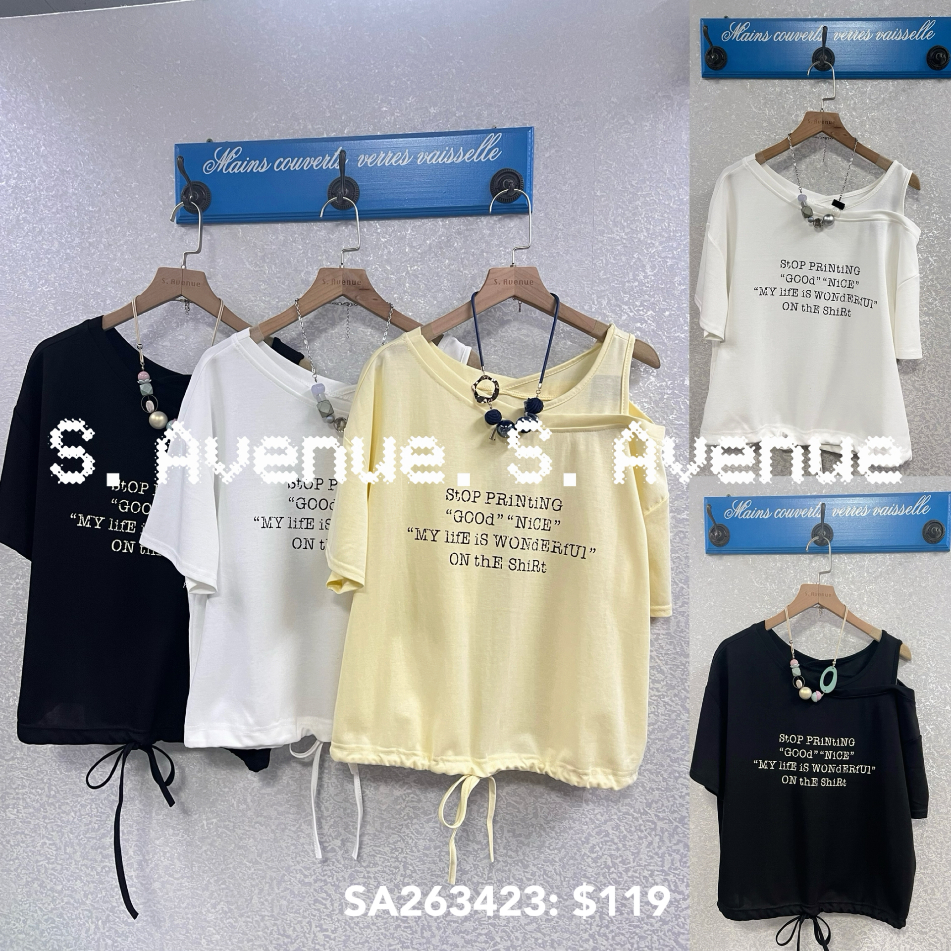 SA263423: 單邊露膊英文字束腳tee