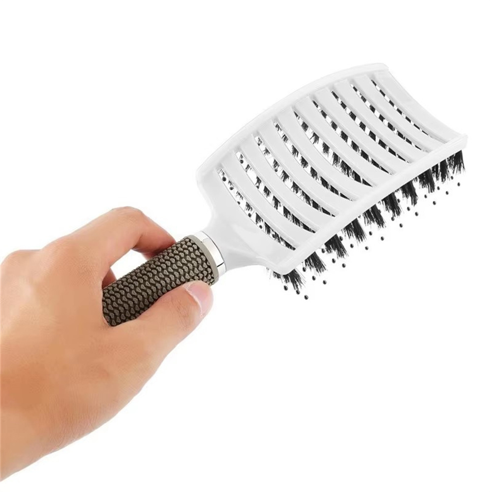 防靜電排骨梳 豬鬃毛梳子 順髪梳 按摩梳 九排梳 捲髮梳 直髪梳 白色 [平行進口] HK2736