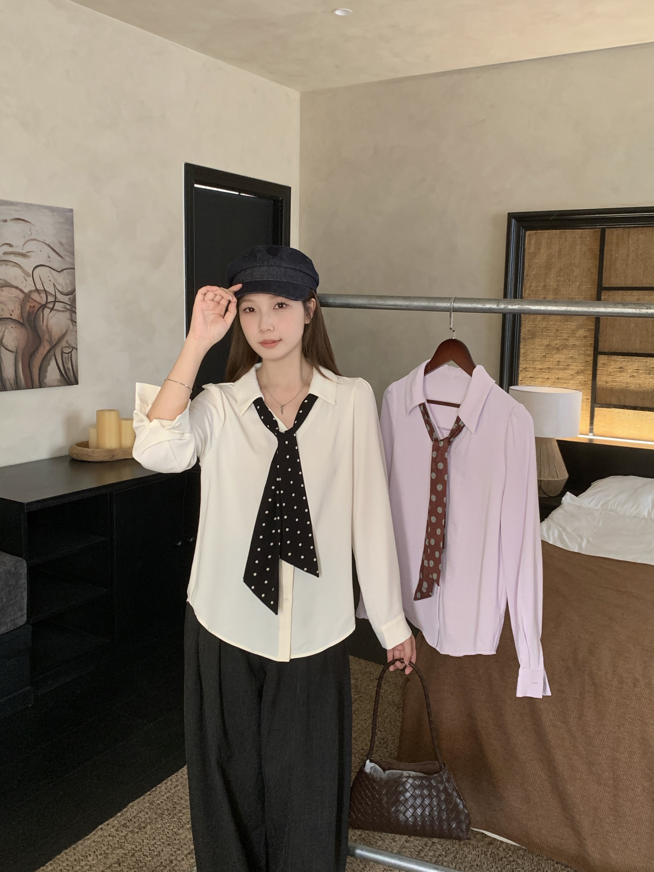 B316(80357) 韩版气质波点领带设计感紫杏衬衫上衣