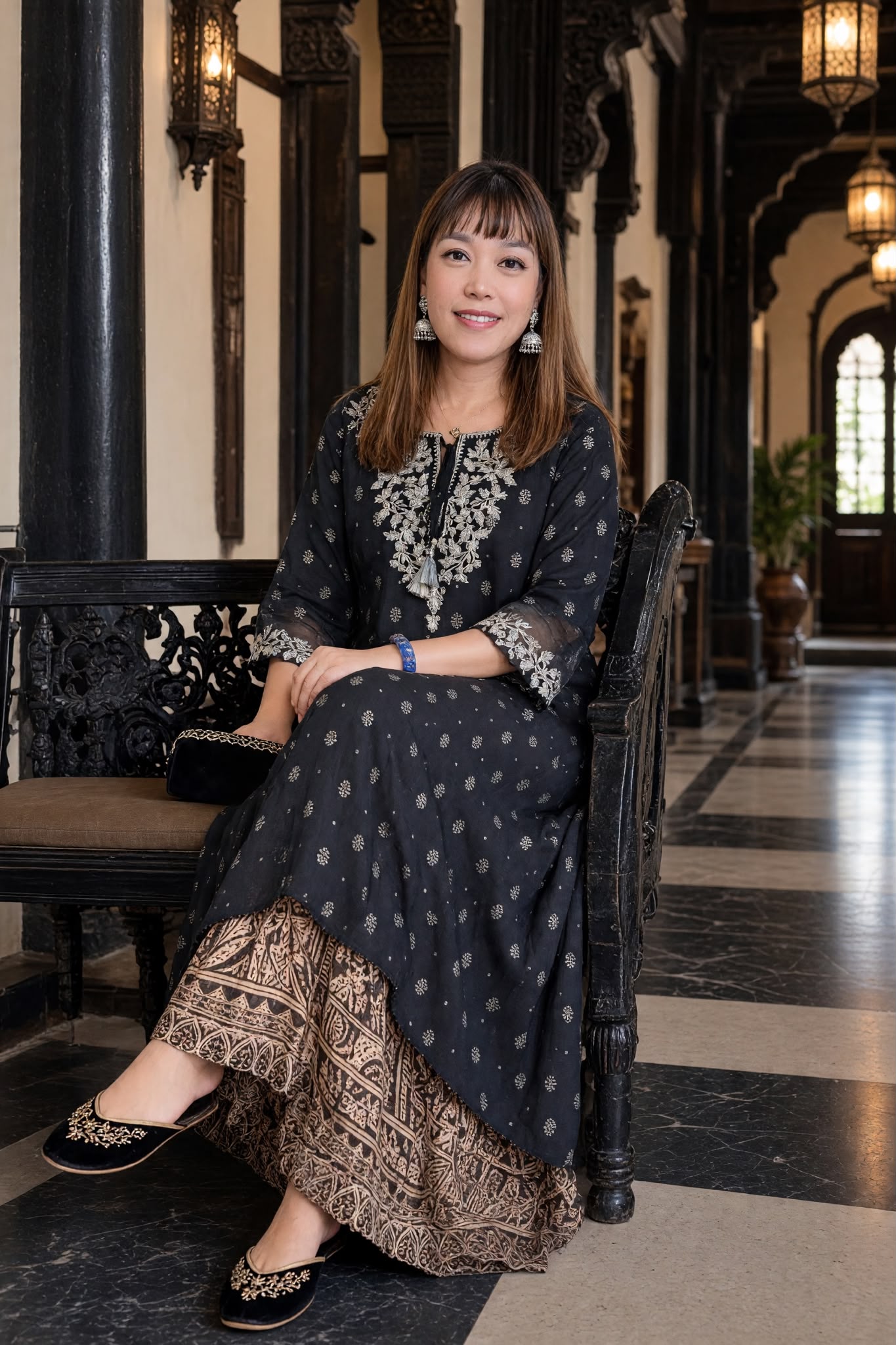 3574 Black Lace Mid Sleeve Kurta
