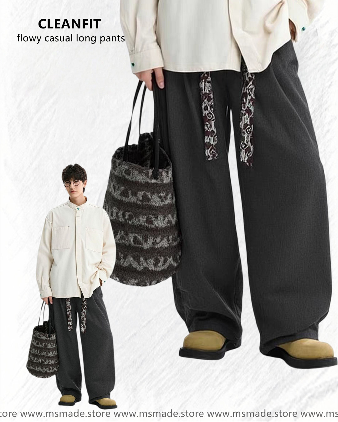 M0423腰果花帶拼接垂感長褲