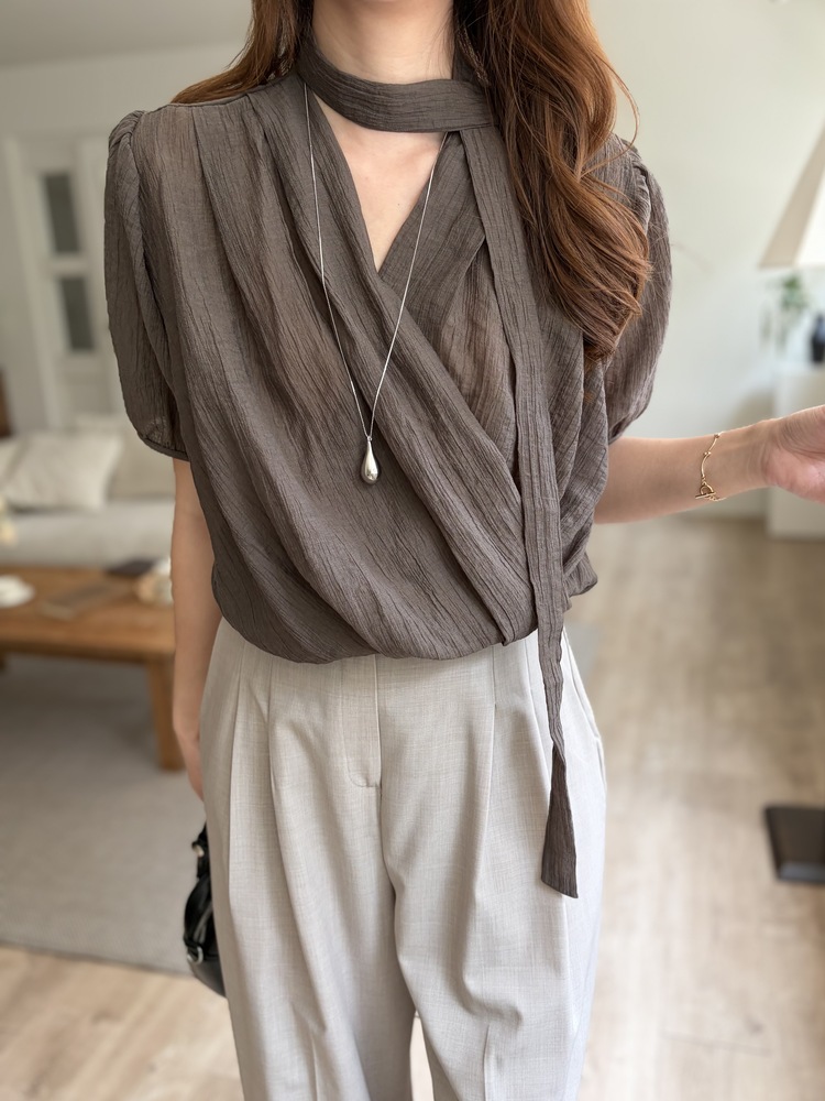 Louise Wrap Blouse with Tie (Brown)