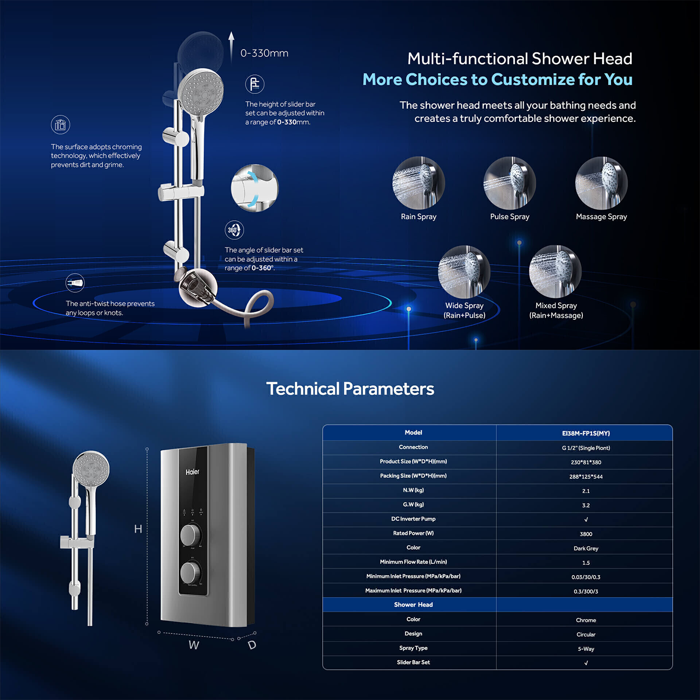 Haier 3.8kW Non-Pump Water Heater Silver (EI38M-FP1S)