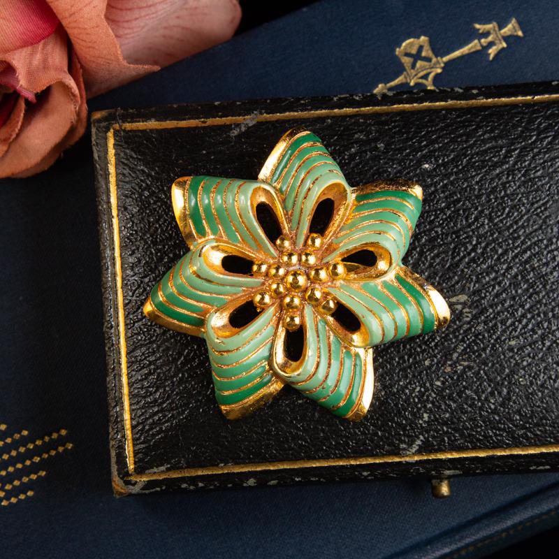 Antique 1920s Art Deco New Old Stock French Festive Green Gift Ribbon Brooch