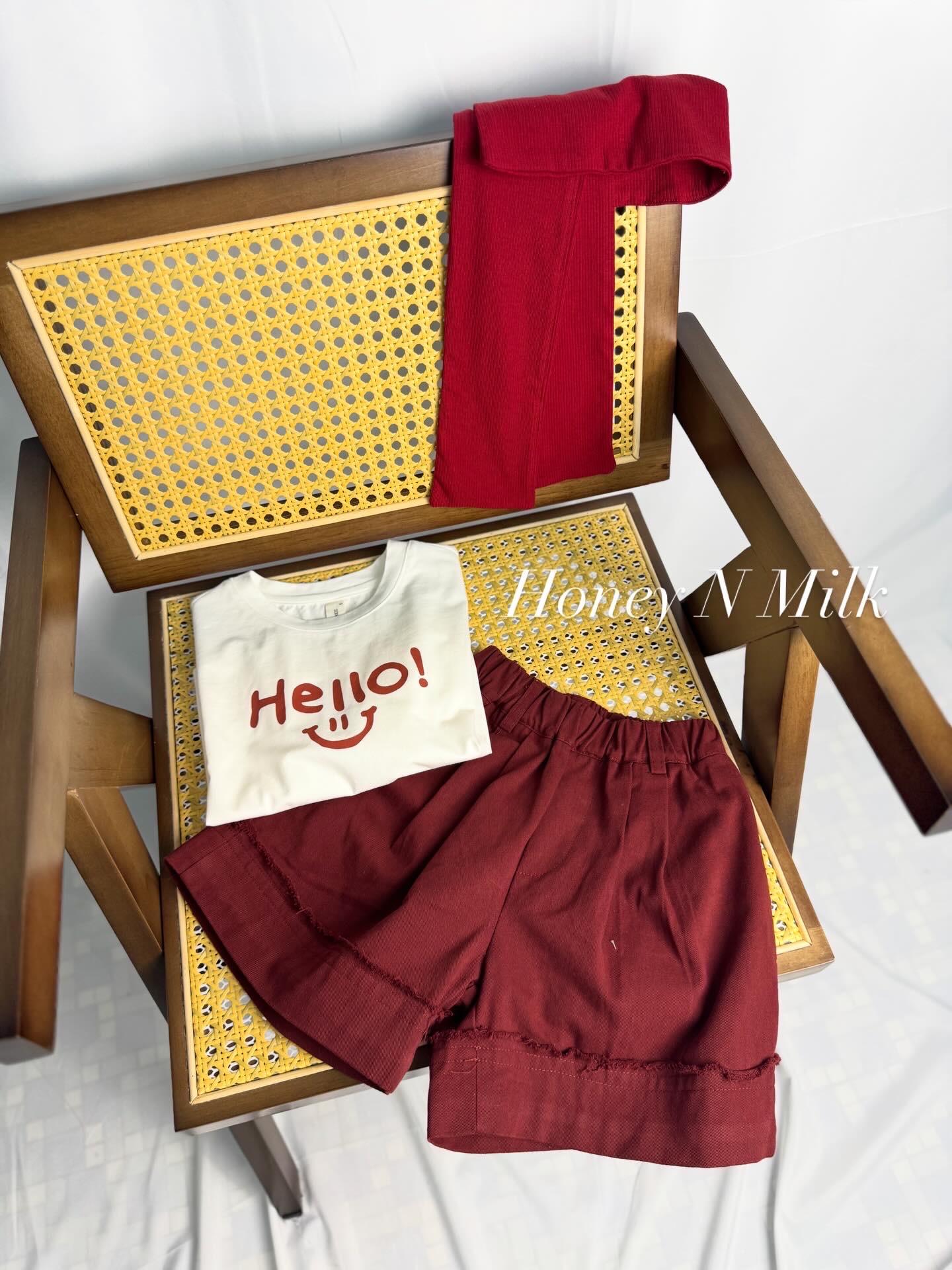 DM HELLO Set (White Top & Red Shorts)