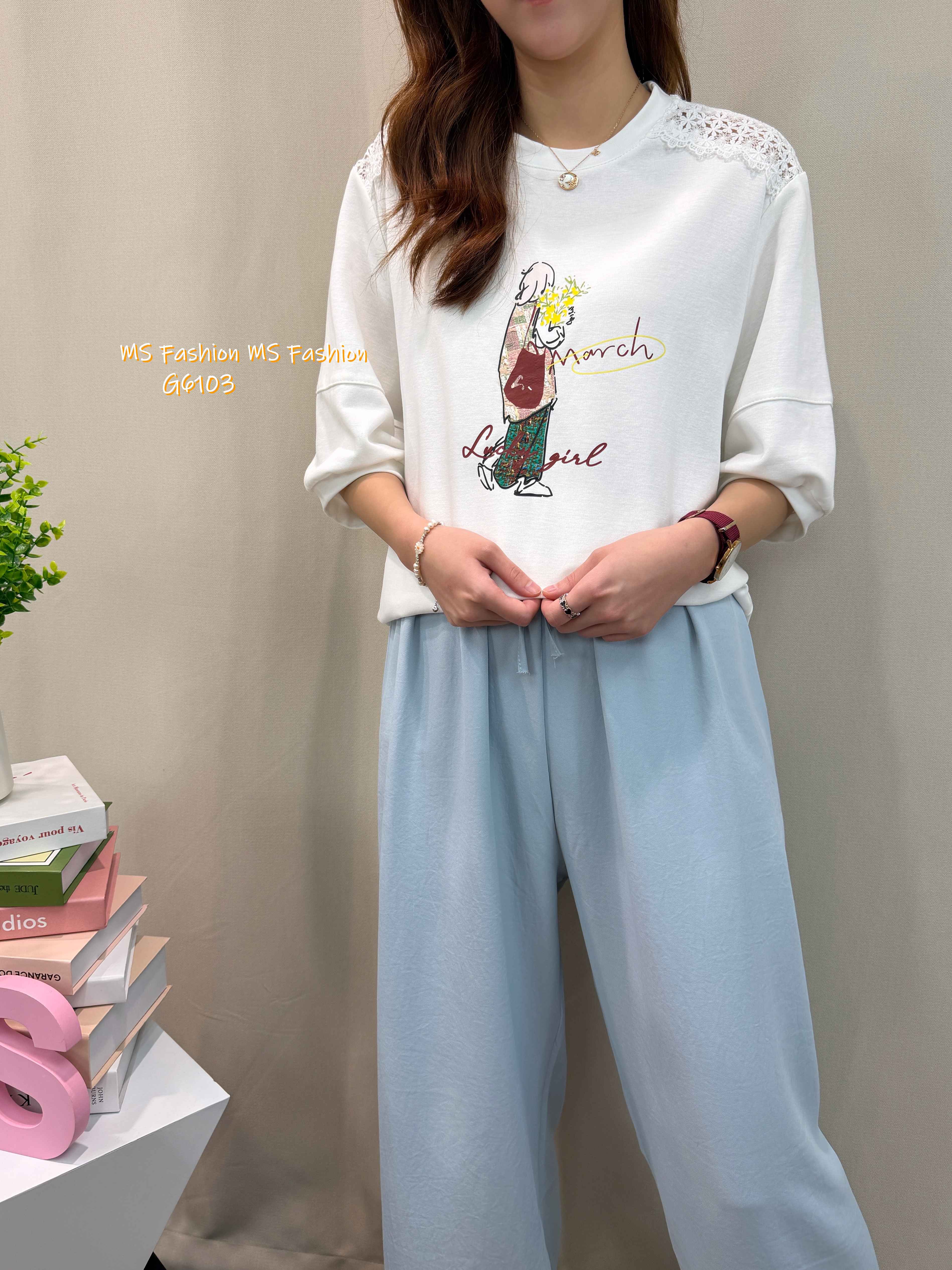 G6103 韓國🇰🇷靚print肩通花top