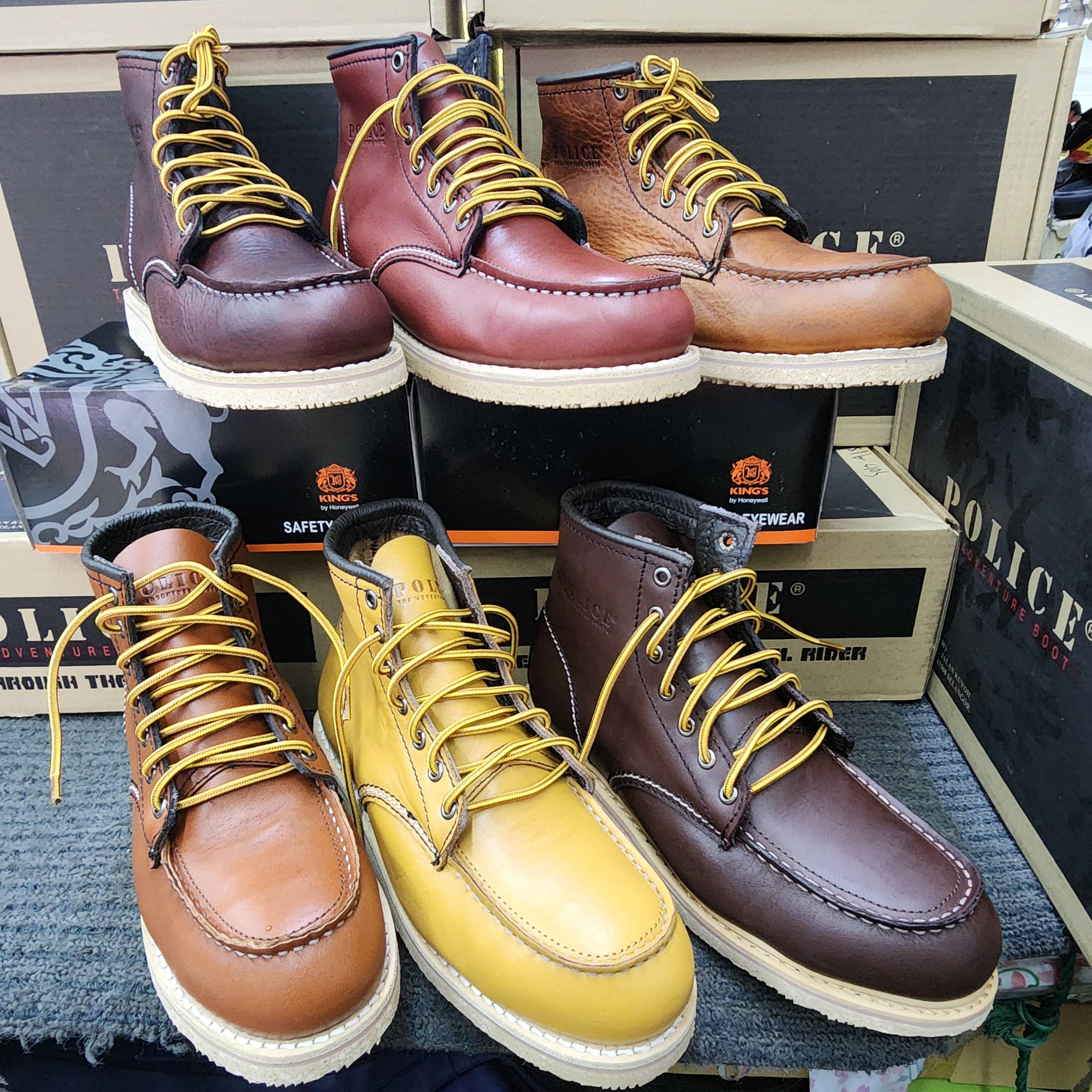 Original Brand Police 91594 Leather Laces Up Safety Boots Brown Light Maroon Dark brown Anti Slip sole Shoe Steel Toe Rubber Outsole 