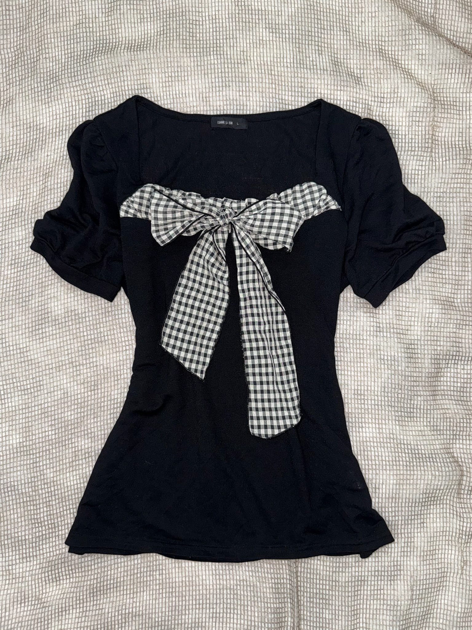Gingham Bow Accent Puff Sleeve Top