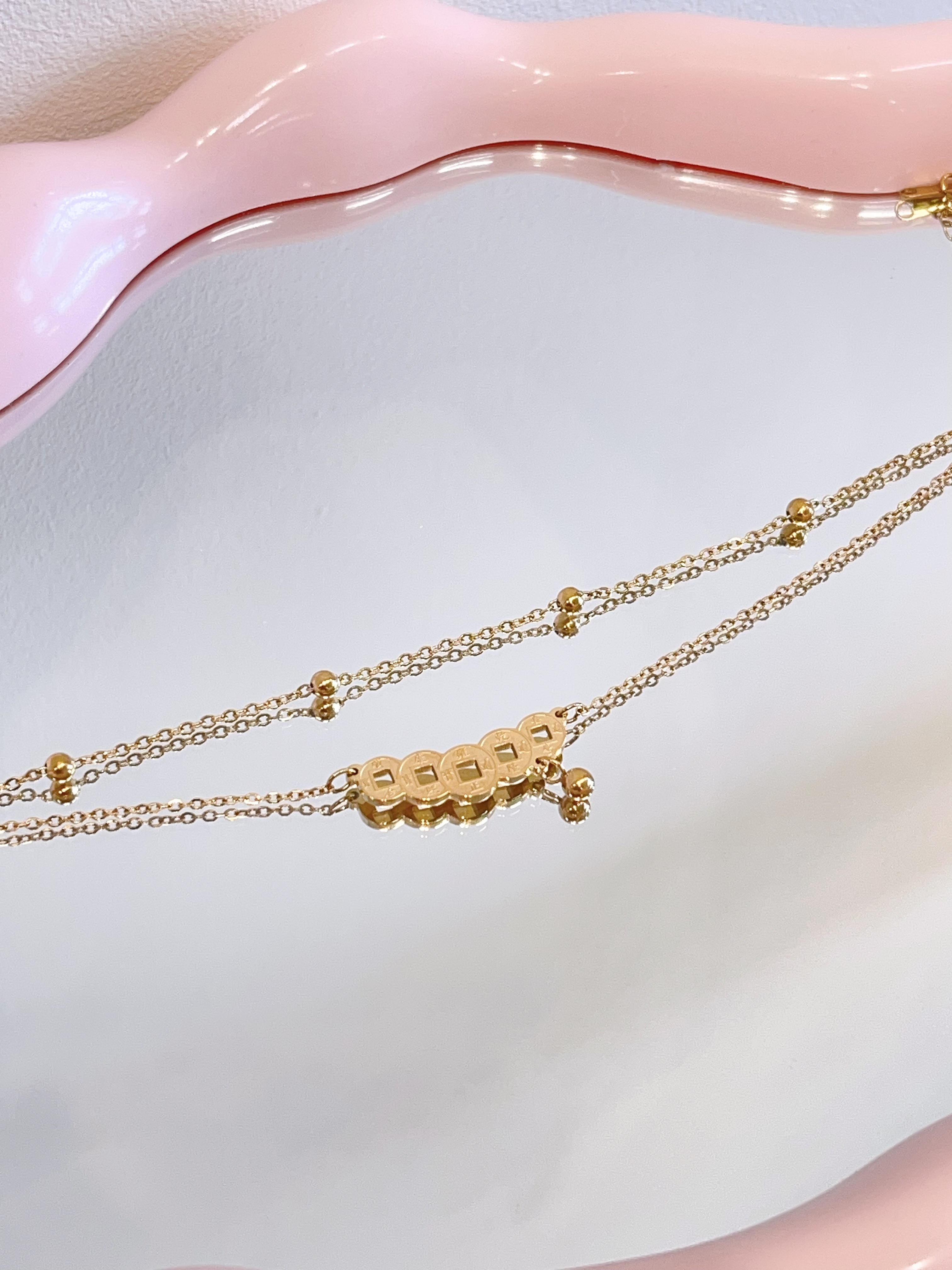 新中式铜钱双层钛钢脚链