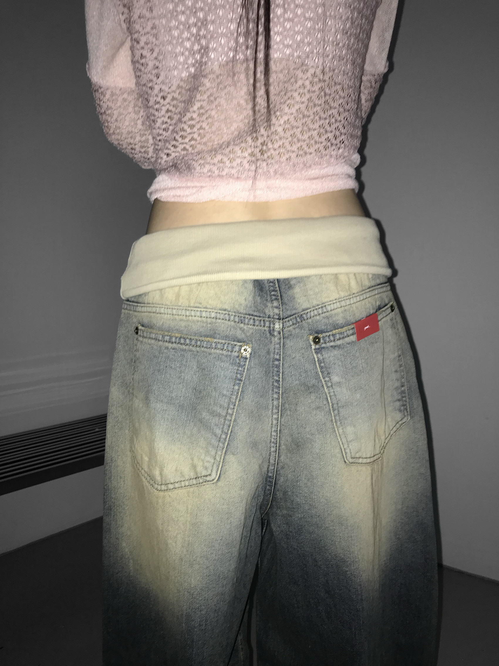 Vintage Washed Foldover-Waist Denim Pants