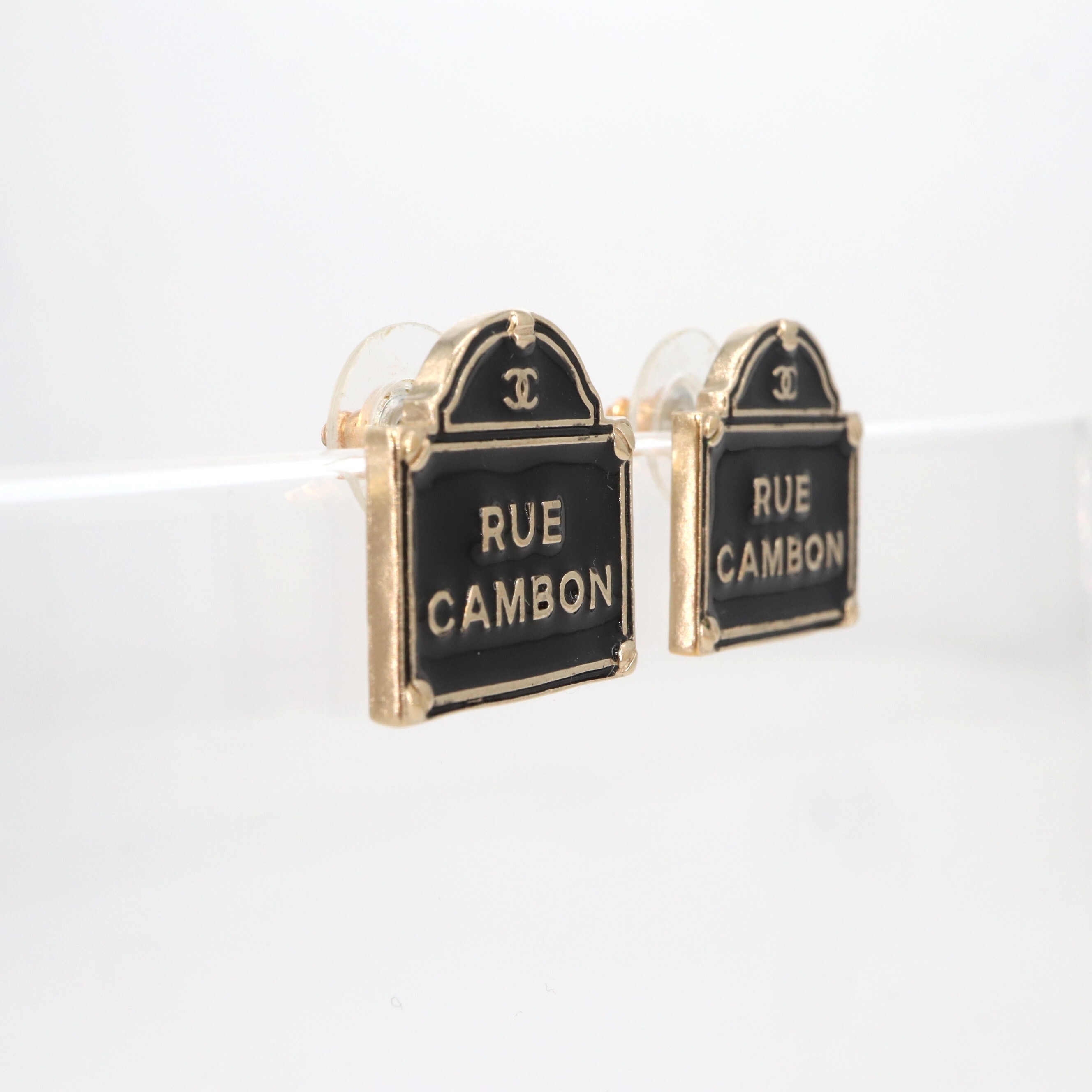 Chanel Coco Mark "Rue Cambon" Sign Piercing Earrings