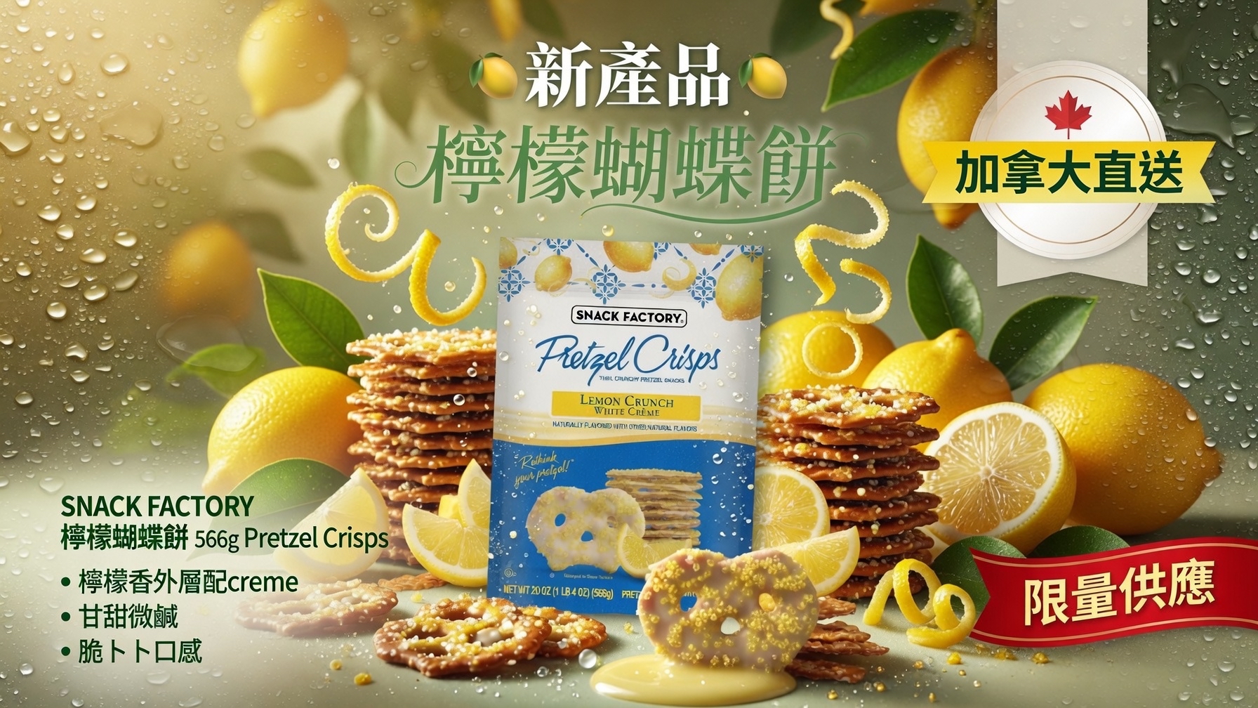 加拿大直送 🍋新產品🍋 *SNACK FACTORY 檸檬蝴蝶餅 566g Pretzel Crisps*