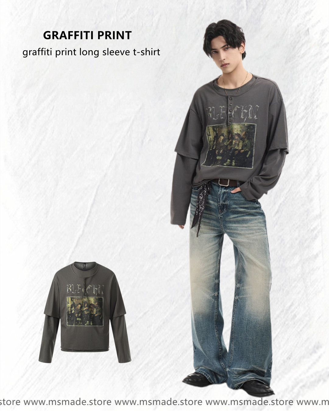 M39人物印花假兩件長袖tee