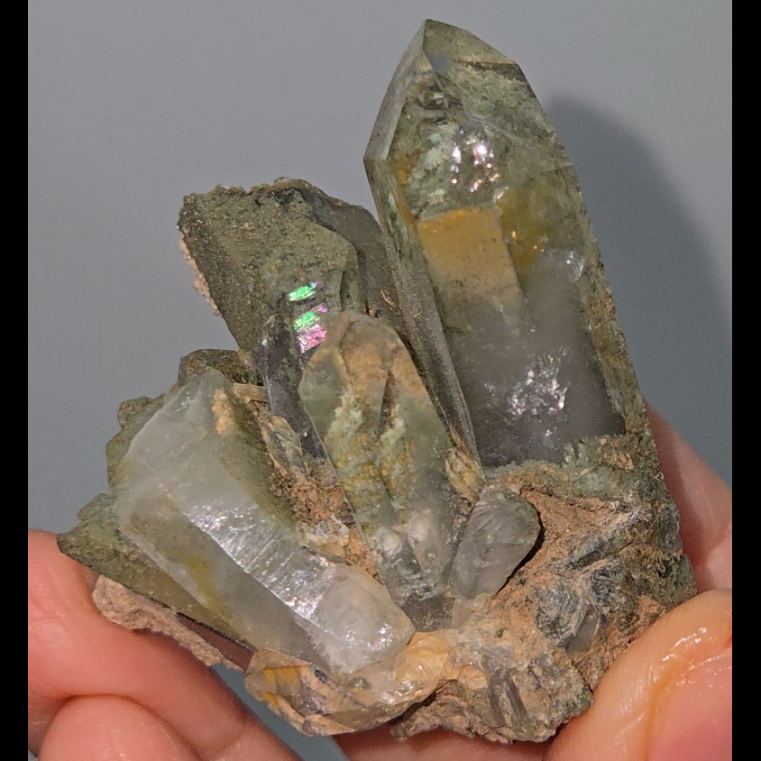 Epidote inclusion quartz cluster - CQ504