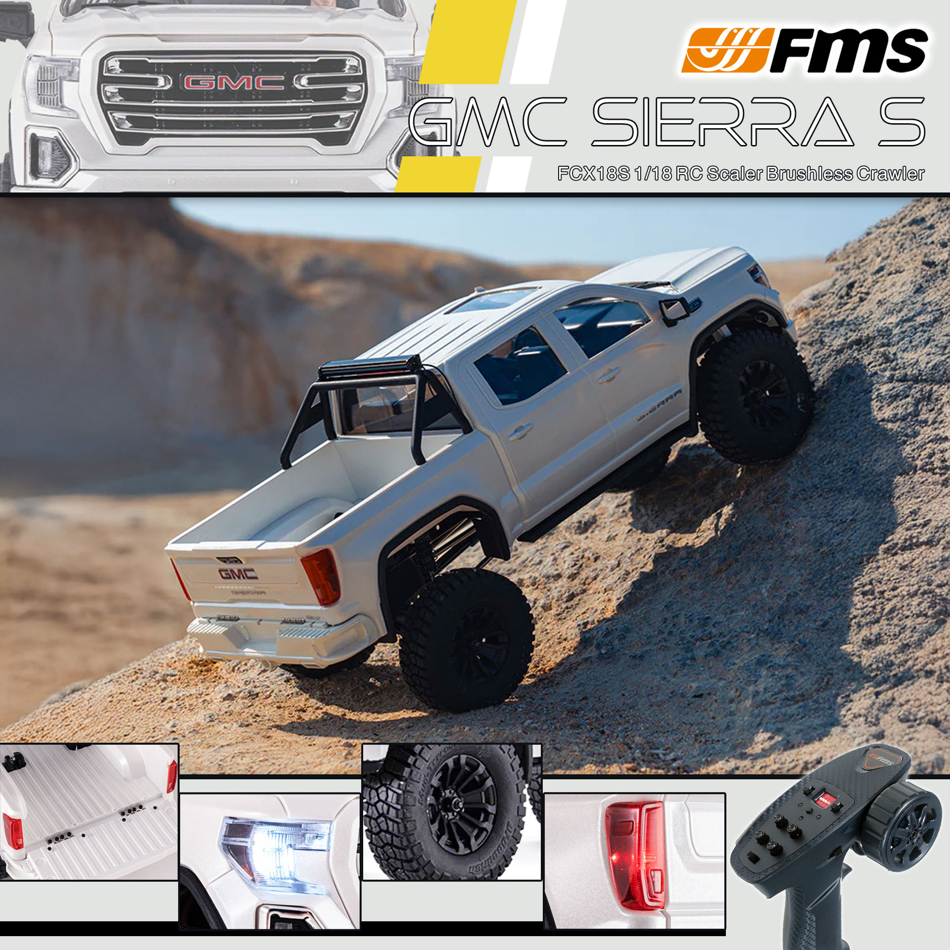 全新 FMS FCX18S 1:18 GMC Sierra S RTR Brushless | General Motors LLC授權 | 無刷版本 | 聯動指揮燈 | 2段機械變速 | 迷你慢爬車 | 遙控車 | 像真迷你遙控車
