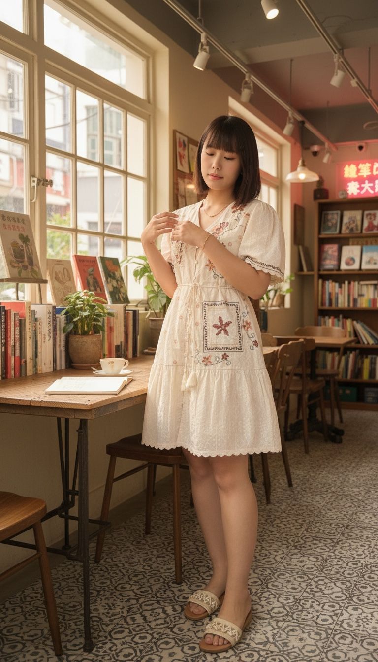 2176 Beige V-Neck 2-Way Cross-Emb. OP/Outer 33"