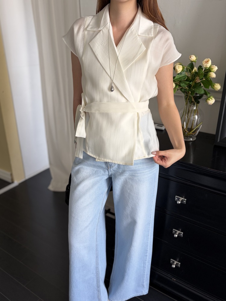 Silky Belted Wrap Blouse (Ivory)