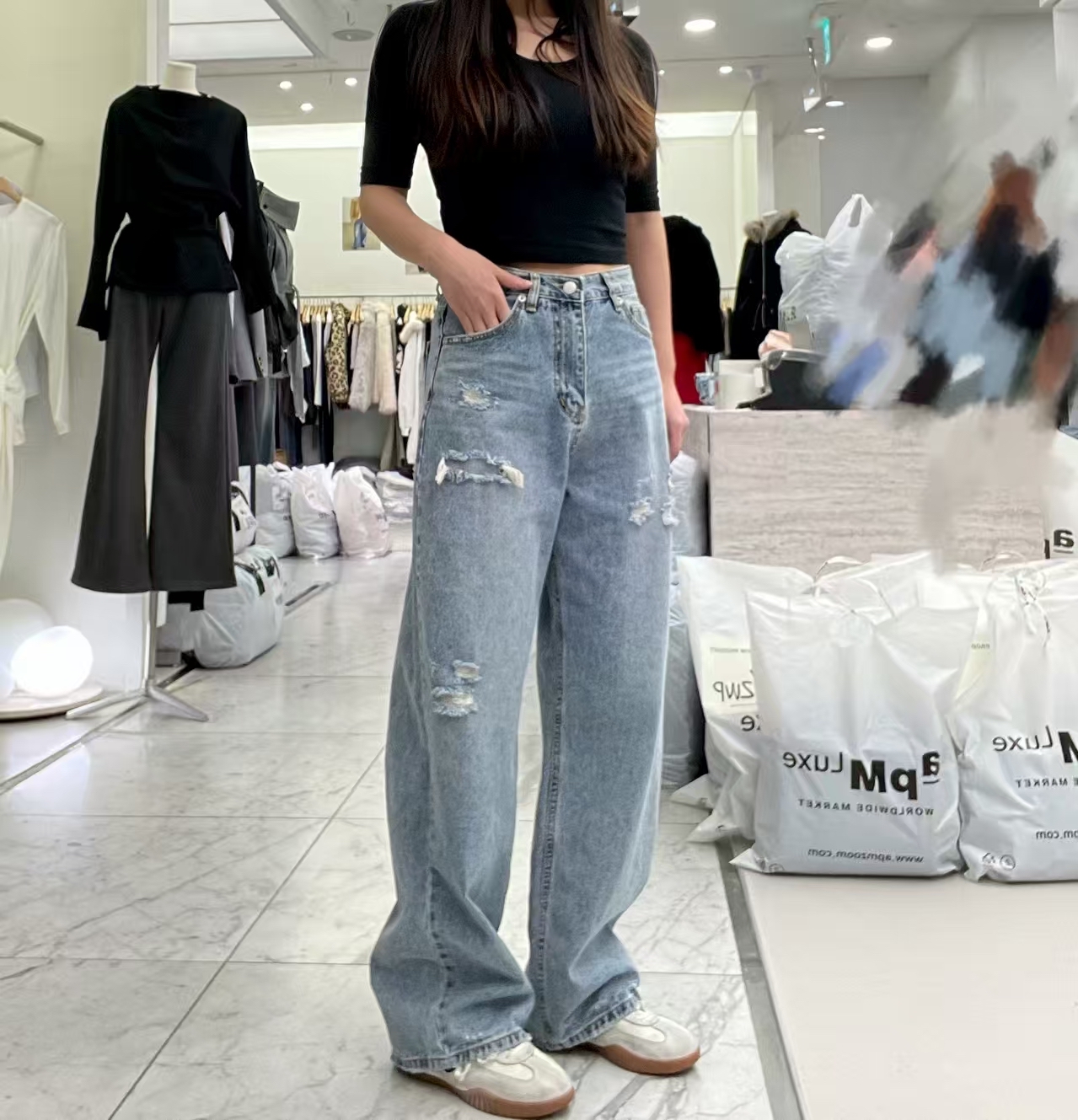 洗水破洞直腳牛